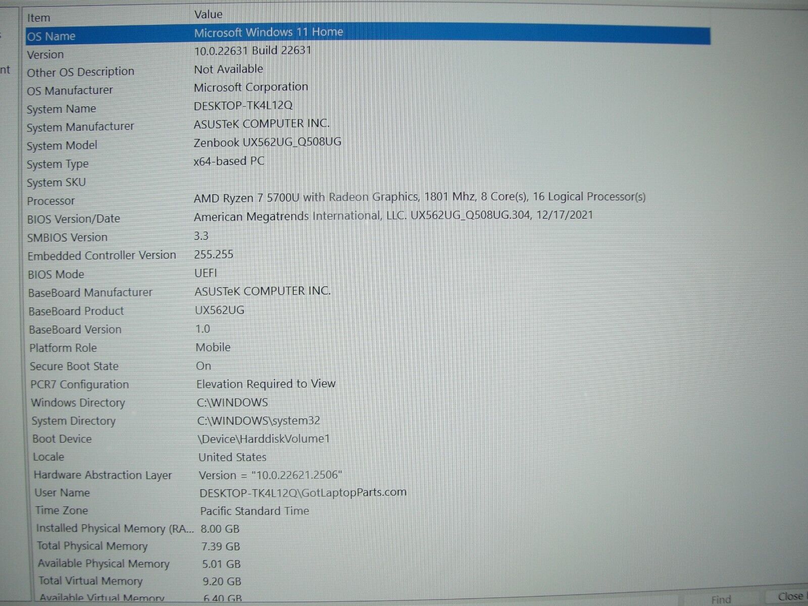 Asus ZenBook UX562UG 15.6”TOUCH FHD+AMD Ryzen 7 5700U 1.8GHz 8GB SSD Reset 256GB