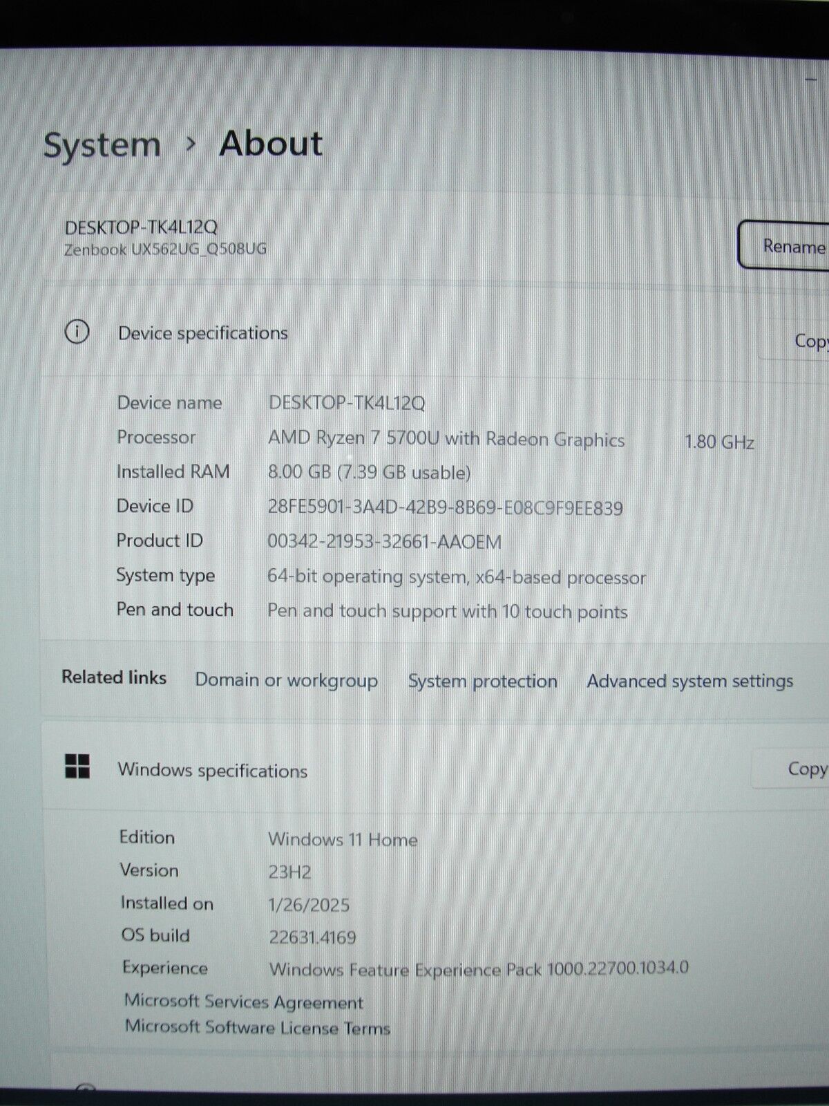 Asus ZenBook UX562UG 15.6”TOUCH FHD+AMD Ryzen 7 5700U 1.8GHz 8GB SSD Reset 256GB