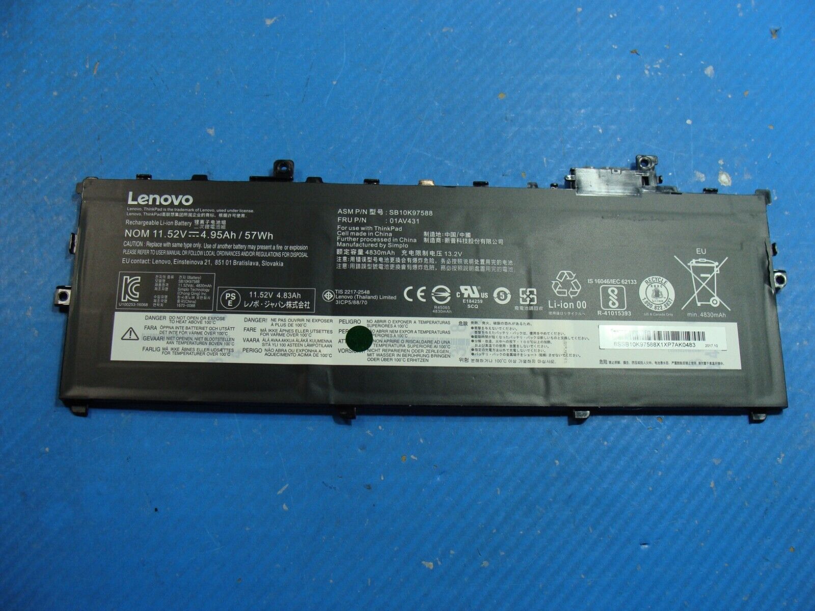 Lenovo ThinkPad X1 Carbon 5th Gen 14 OEM Battery 11.52V 57Wh 4830mAh 01AV431