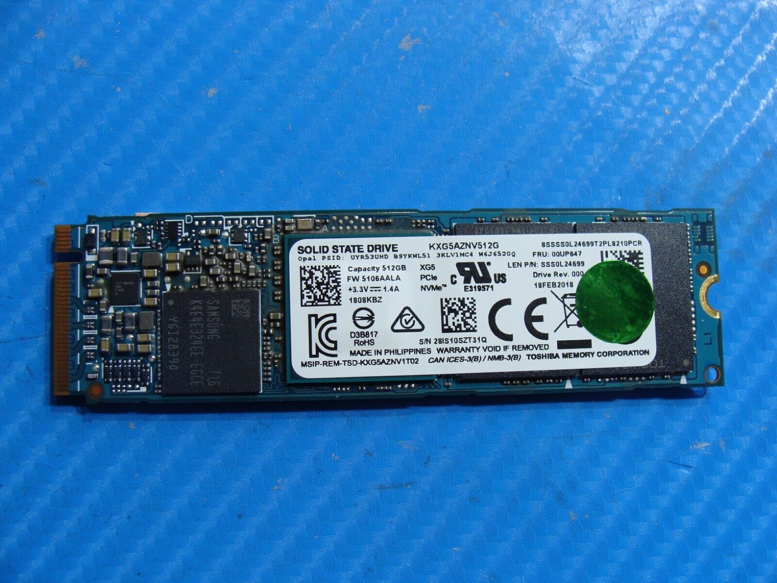 Lenovo T470s Toshiba 512GB NVMe M.2 SSD Solid State Drive KXG5AZNV512G 00UP647