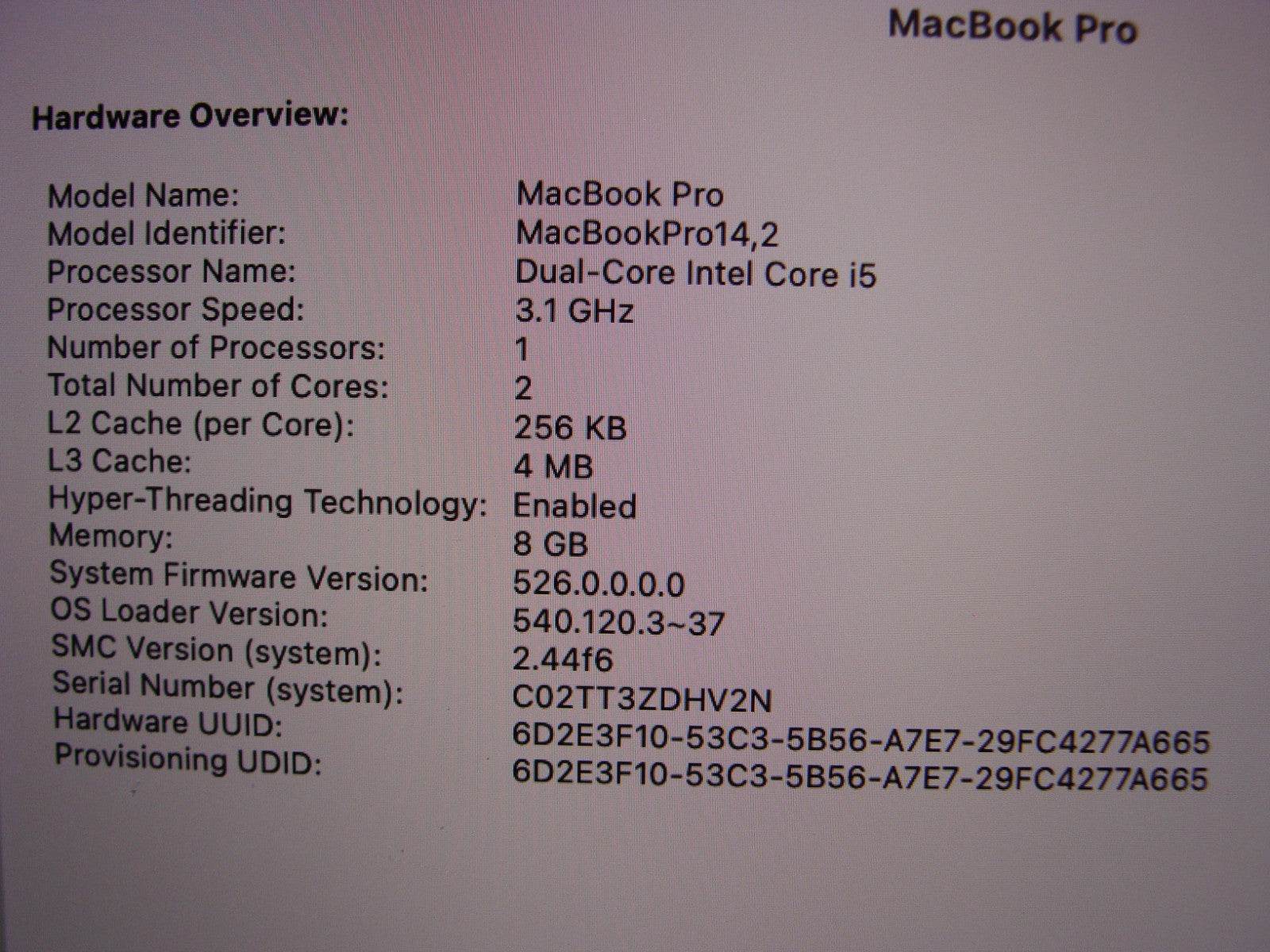 Apple MacBook Pro 13 A1706 Mid-2017 i5-7267U 3.1Ghz 8GB 256GB MPXV2LL/A Silver - Tested Computer Laptop Parts