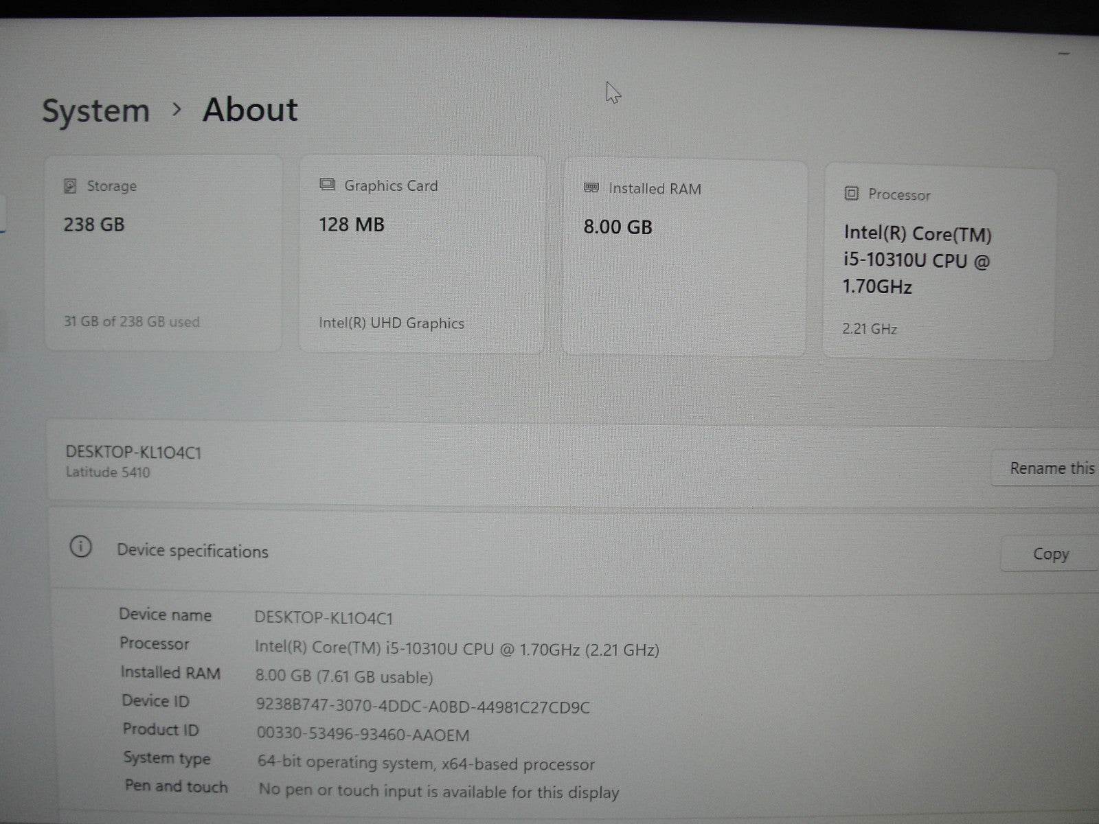 Dell Latitude 5410 14” FHD Intel Core i5-10310U 1.7GHz 8GB 256GB SSD+Charger - Tested Computer Laptop Parts