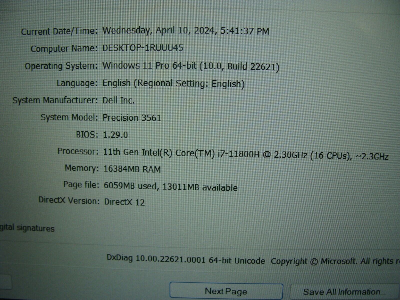 Dell Precision 3561 i7-11800H 2.3GHz 16GB  total storage 512GB SSD Nvidia T600