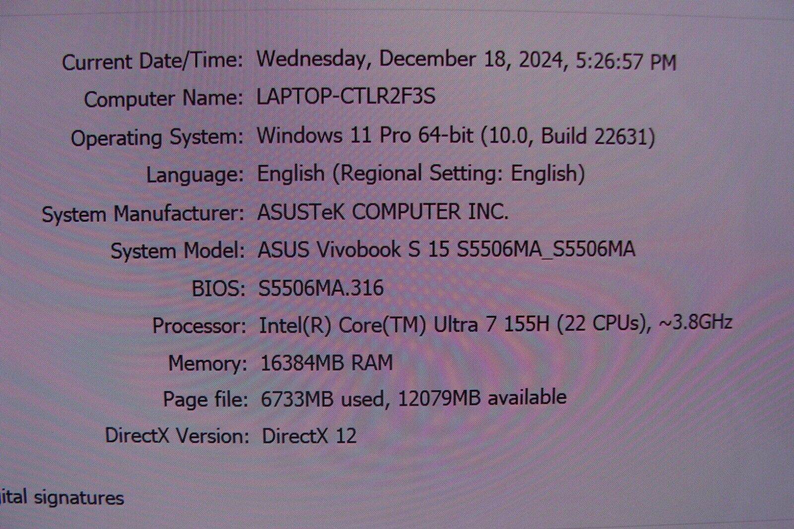 NEW! ASUS VivoBook S5506MA-WS76 15.6”QHD OLED Ultra 7 155H 3.8GHz 16GB 1TB WRTY - Tested Computer Laptop Parts