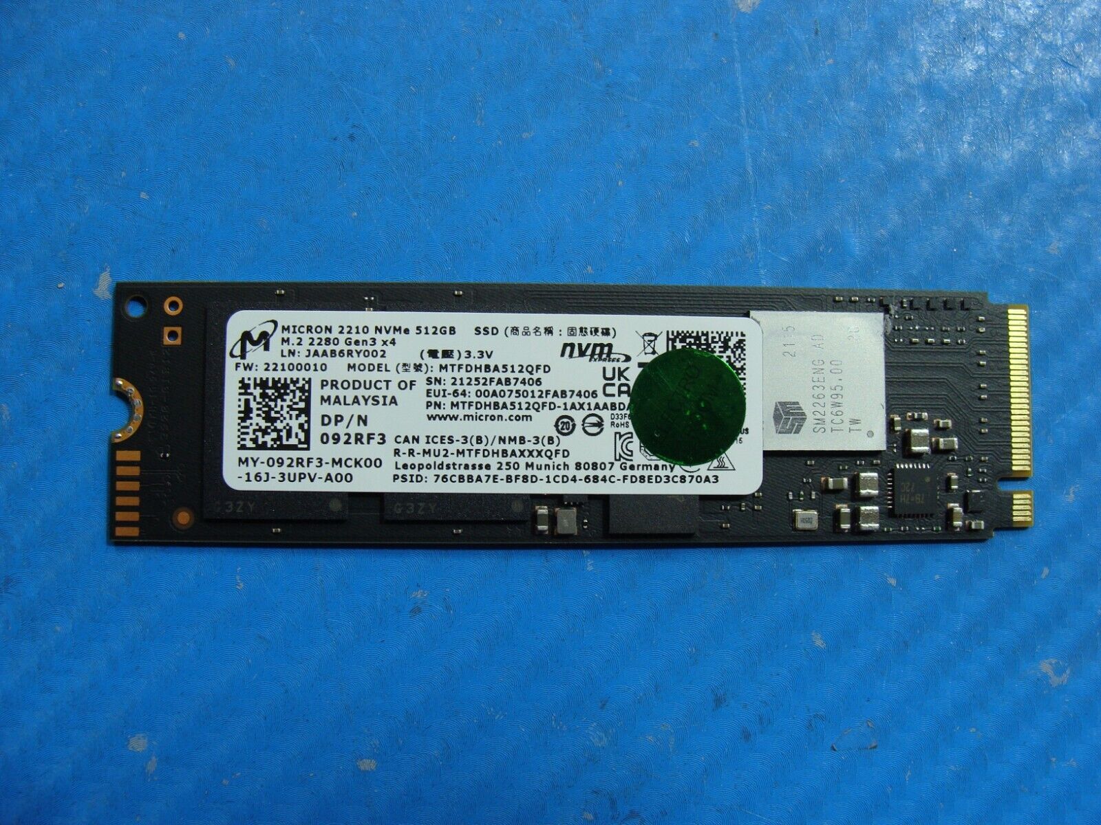 Dell 15 3511 Micron 512GB NVMe M.2 SSD Solid State Drive MTFDHBA512QFD 92RF3
