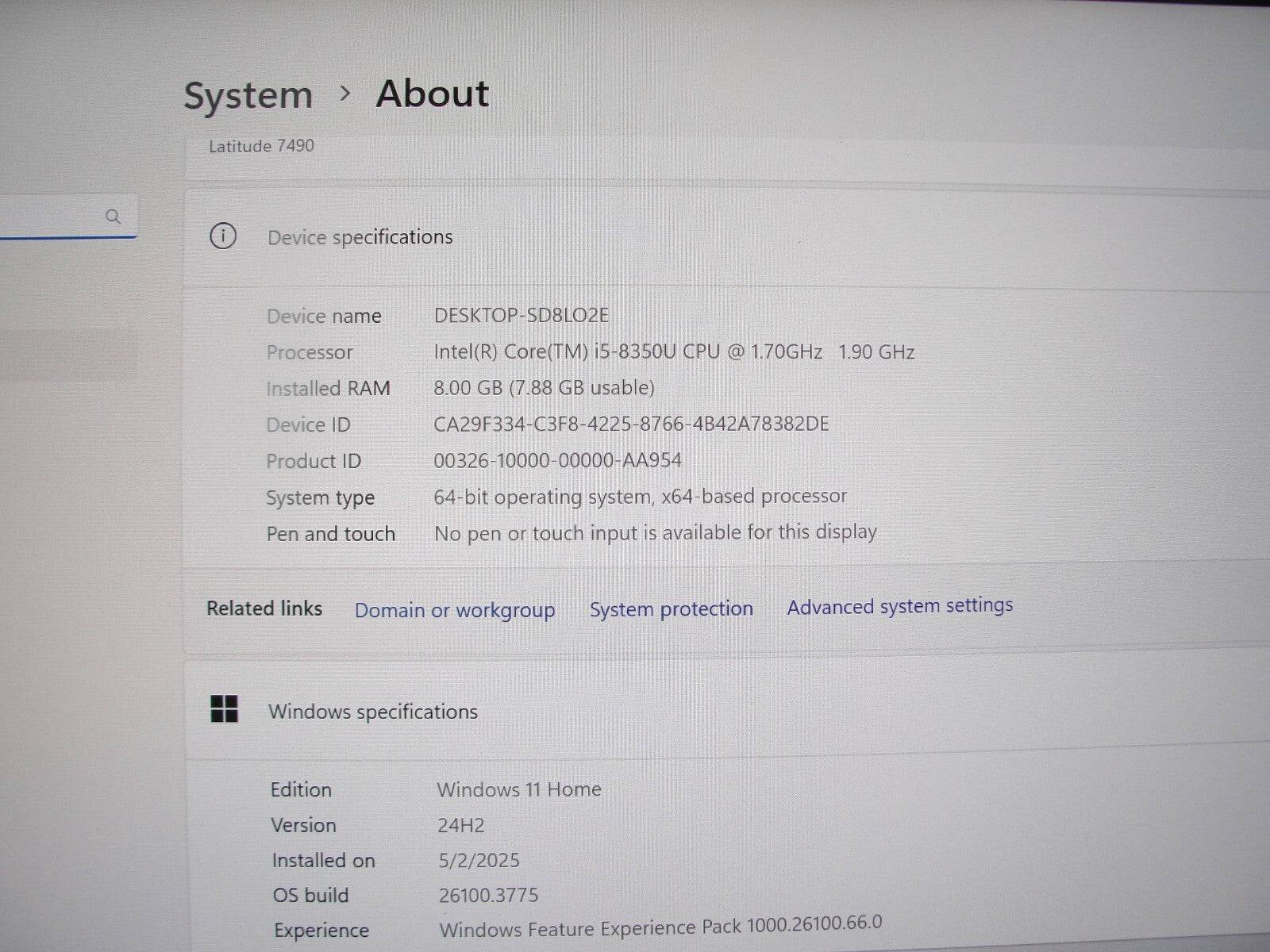 Dell Latitude 7490 14”FHD Intel Core i5-8350U 1.7GHz 8GB 256GB SSD - Tested Computer Laptop Parts