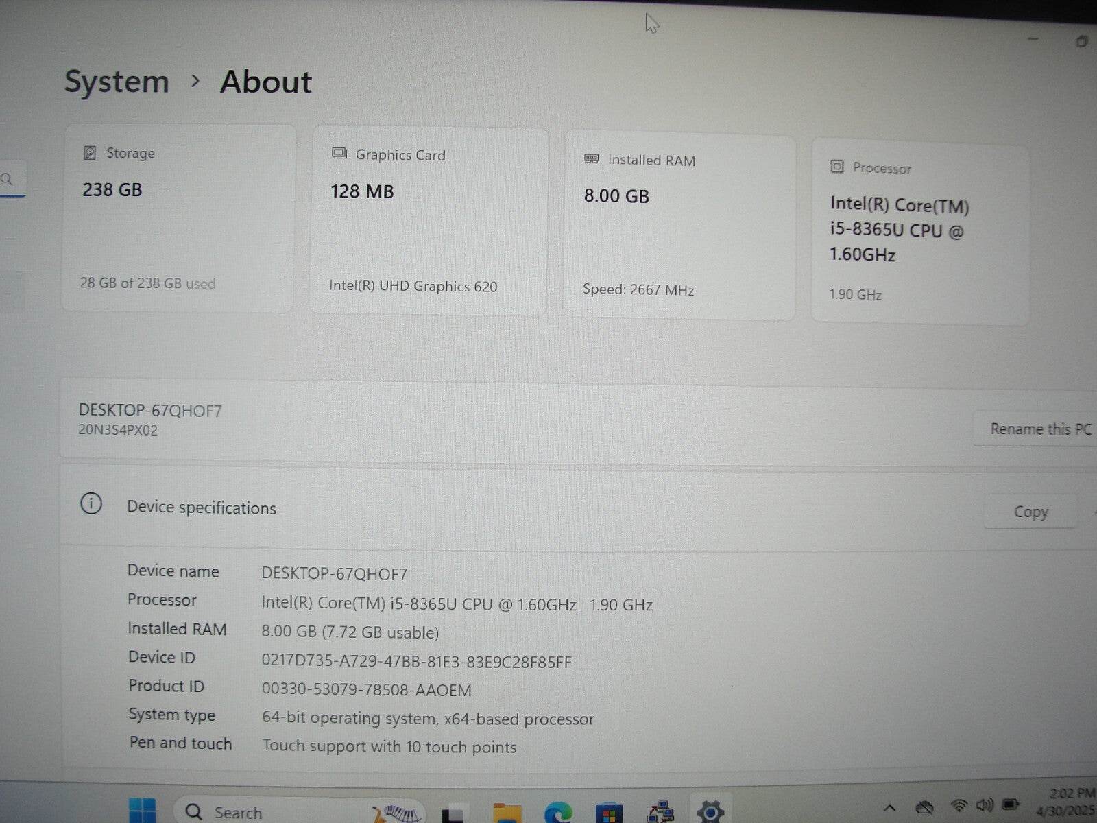 Lenovo ThinkPad T490 14” TOUCH FHD Intel Core i5-8365U 1.6GHz 8GB 256GB SSD - Tested Computer Laptop Parts