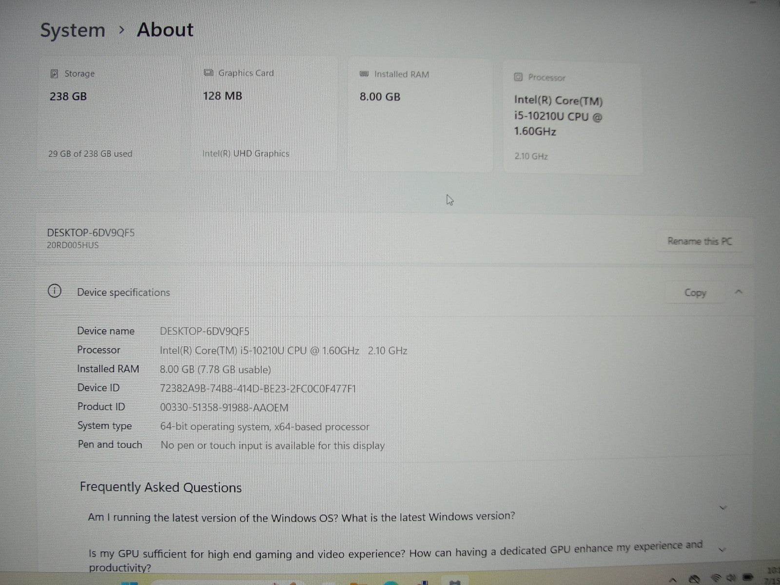 Lenovo ThinkPad E15 15.6” Intel Core i5-10210U 1.6GHz 8GB 256GB Reset SSD - Tested Computer Laptop Parts