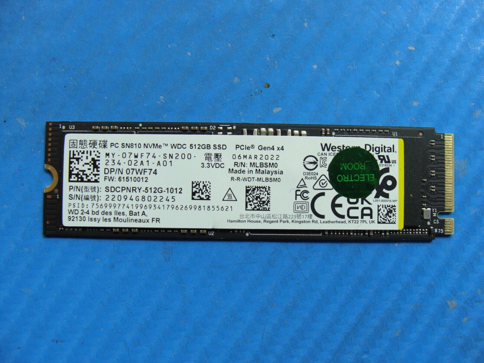 Dell 7420 WD 512GB SSD Solid State Drive M.2 NVMe 07WF74 SDCPNRY-512G-1012