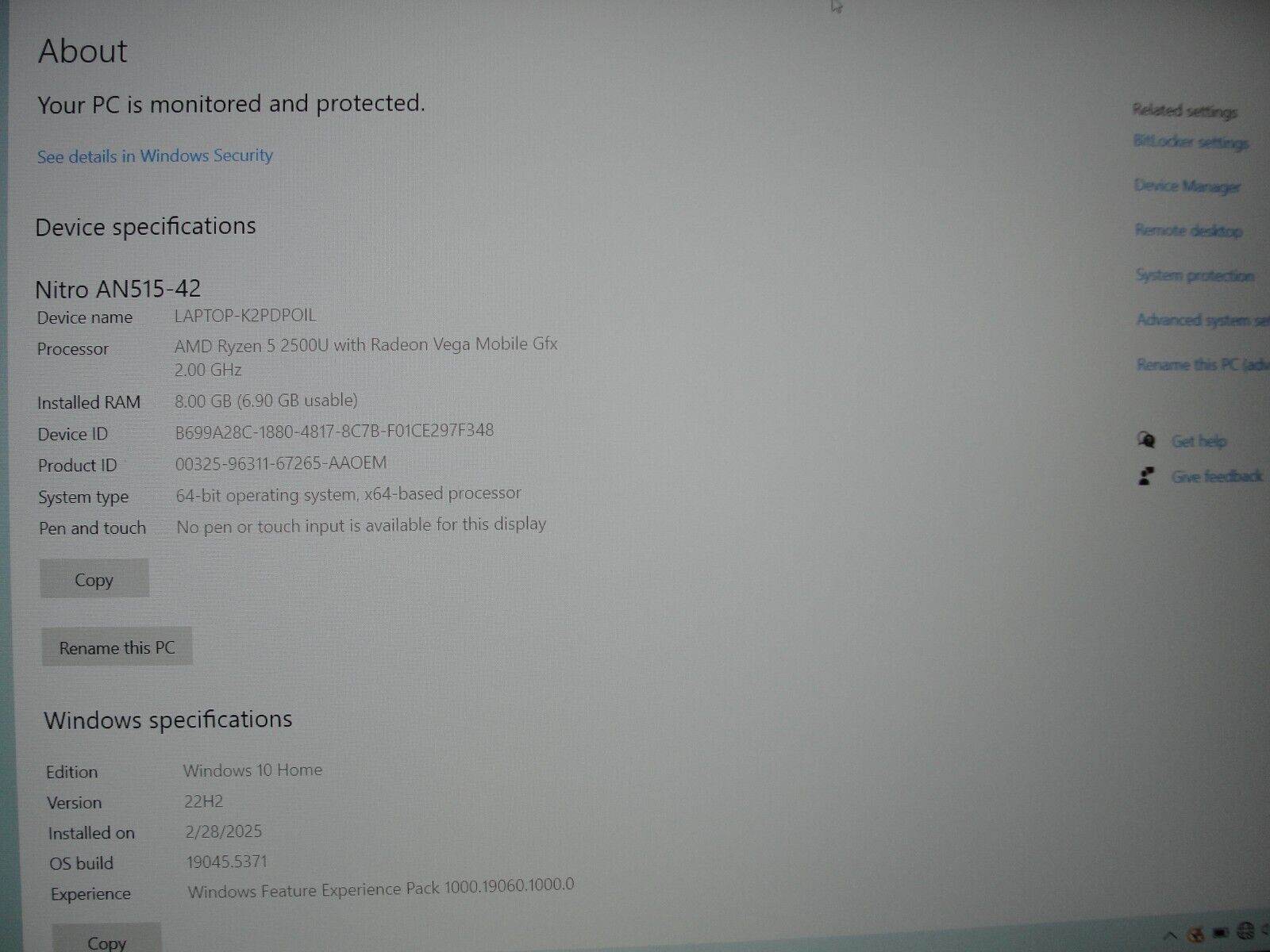 Acer Nitro 5 AN515-42-R5ED 15.6” AMD Ryzen 5 2500U 2GHz 8GB SSD Reset 1TB - Tested Computer Laptop Parts