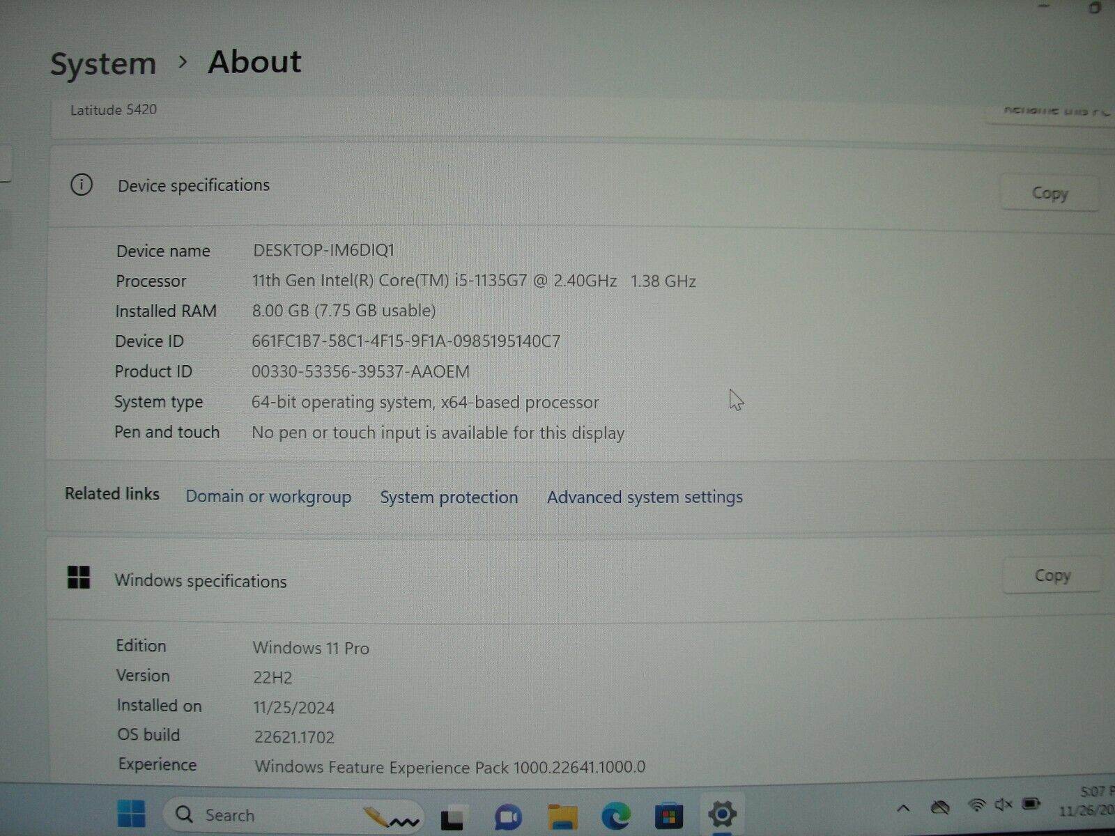 Dell Latitude 5420 14” HD Core i5-1135G7U 3.86GHz 8GB 256GB SSD+Charger Original - Tested Computer Laptop Parts