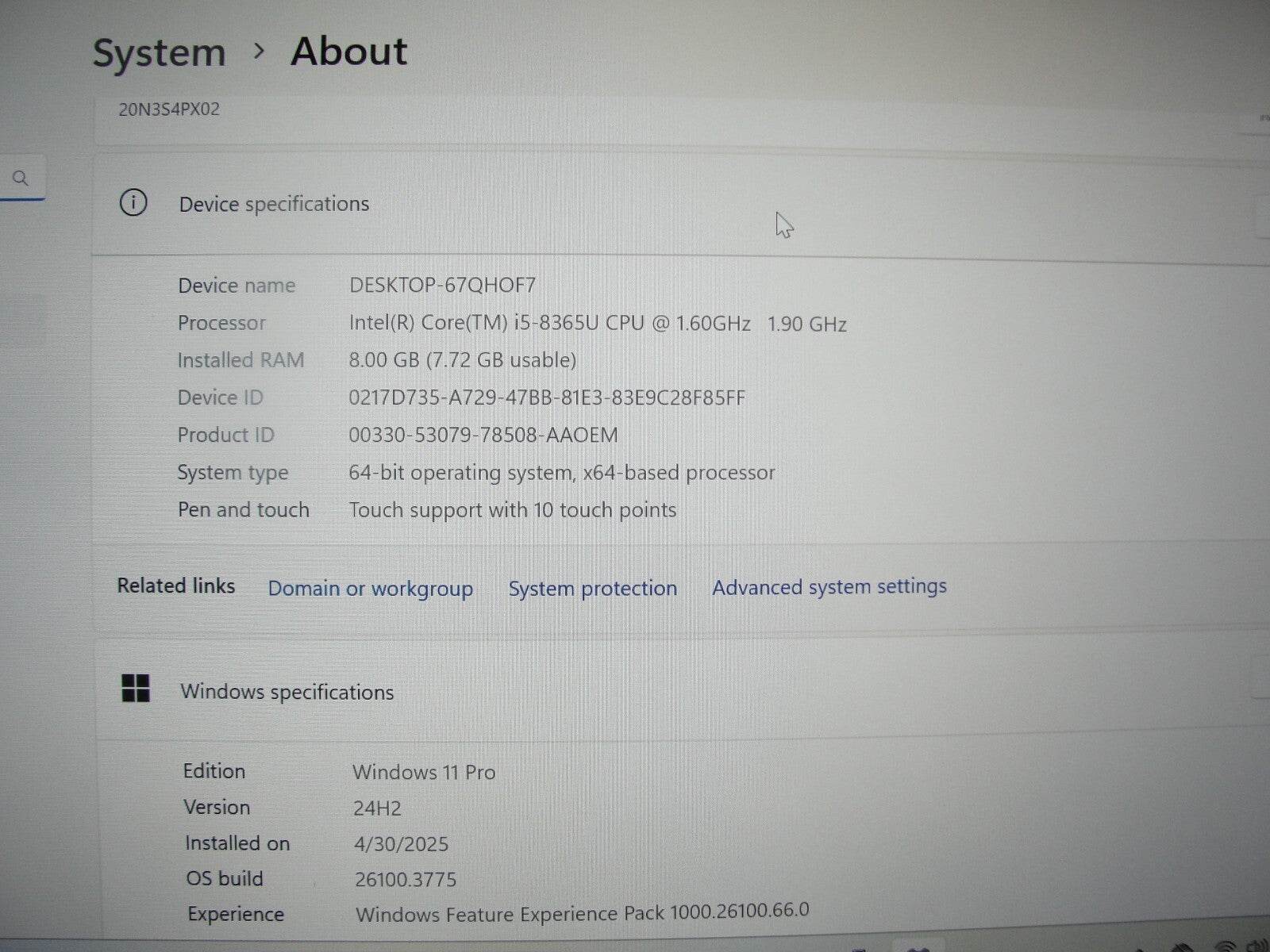 Lenovo ThinkPad T490 14” TOUCH FHD Intel Core i5-8365U 1.6GHz 8GB 256GB SSD - Tested Computer Laptop Parts