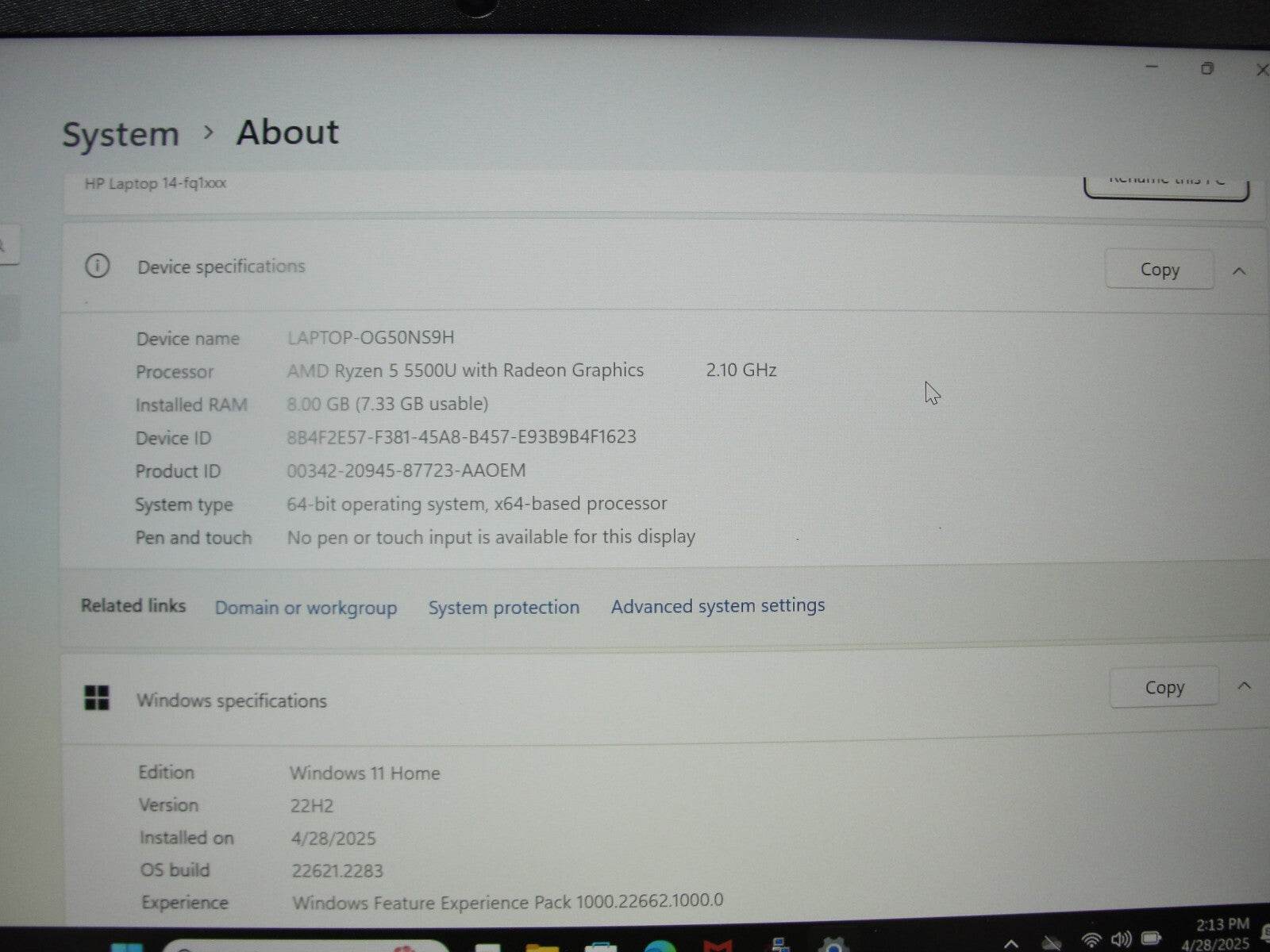 HP 14-FQ1025NR 14”FHD AMD Ryzen 5-5500U 2.1GHz 8GB 256GB SSD + Charger - Tested Computer Laptop Parts