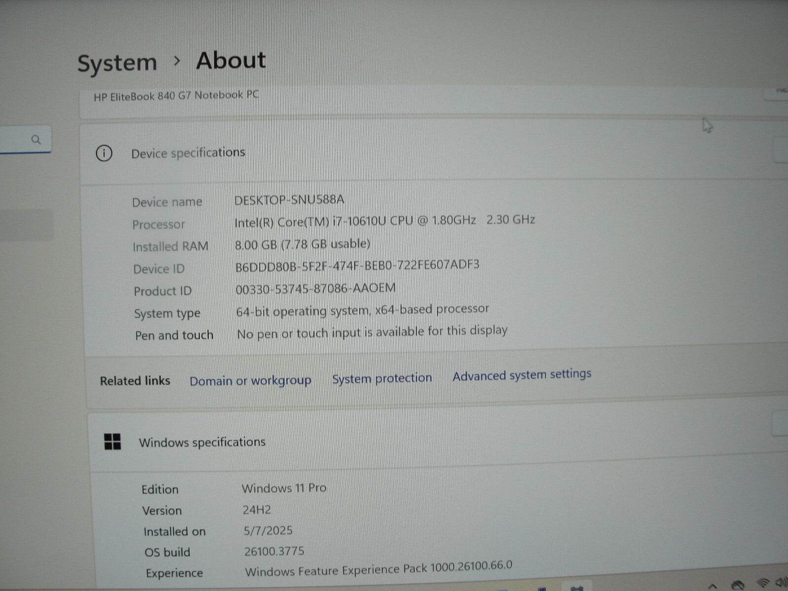 HP EliteBook 840 G7 14” FHD Intel Core i7-10610U 1.8GHz 8GB 256GB SSD + Charger - Tested Computer Laptop Parts