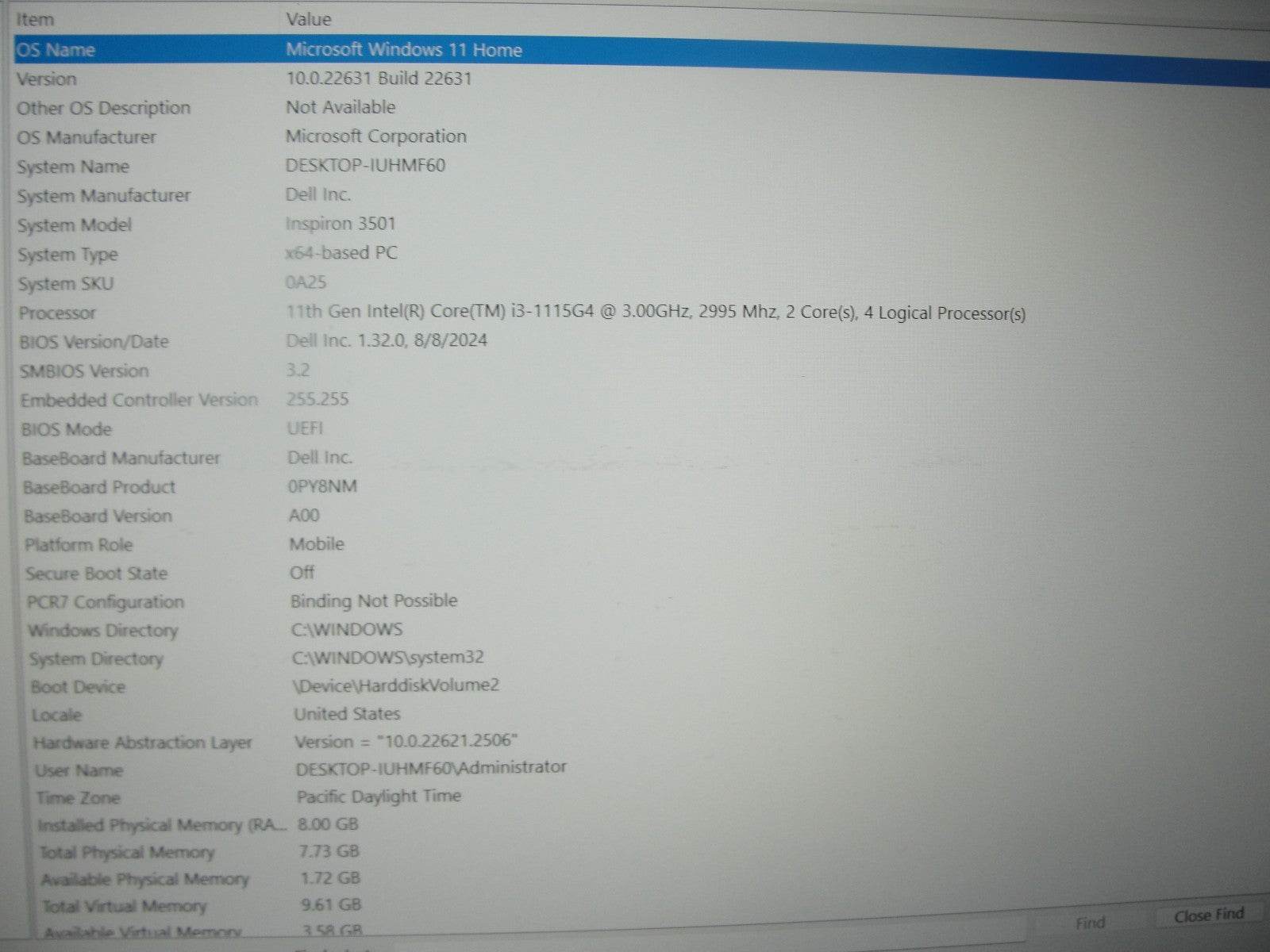 Dell Inspiron 3501 15.6”FHD Core i3-1115G4 3GHz 8GB SSD Reset 128GB+Charger - Tested Computer Laptop Parts