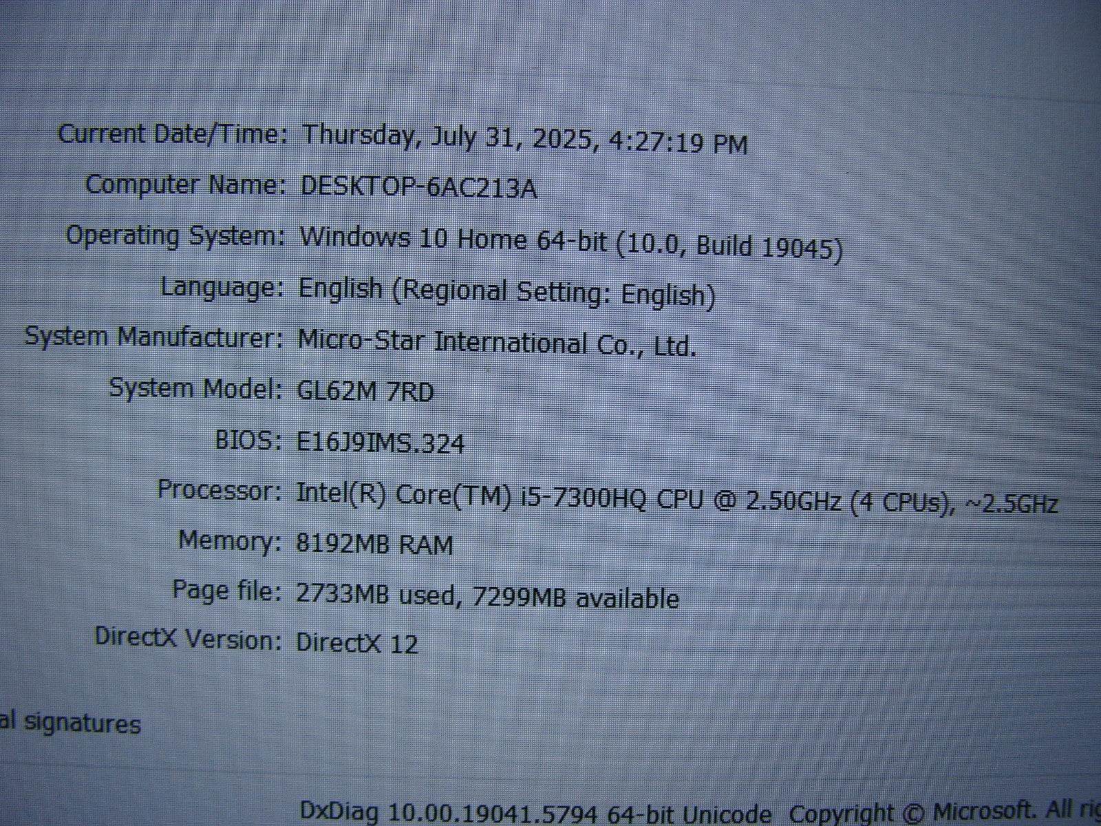 MSI GL62M 7RD 15.6'' FHD core i5-7300HQ 2.5GHz 8GB 256GB GTX 1050 Battery 91% - Tested Computer Laptop Parts