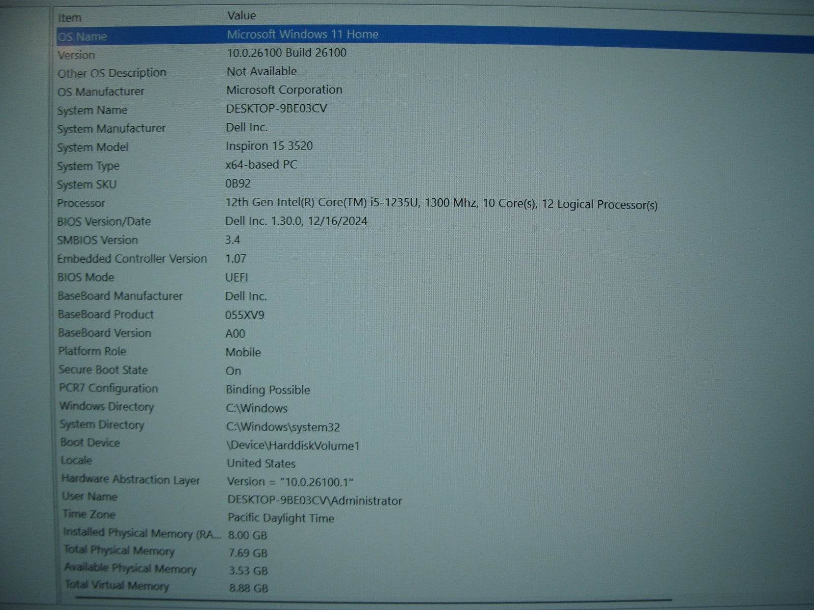 Dell Inspiron 3520 15.6” FHD TOUCH i5-1235U 1.3GHz 8GB 512GB SSD Win11Home - Tested Computer Laptop Parts