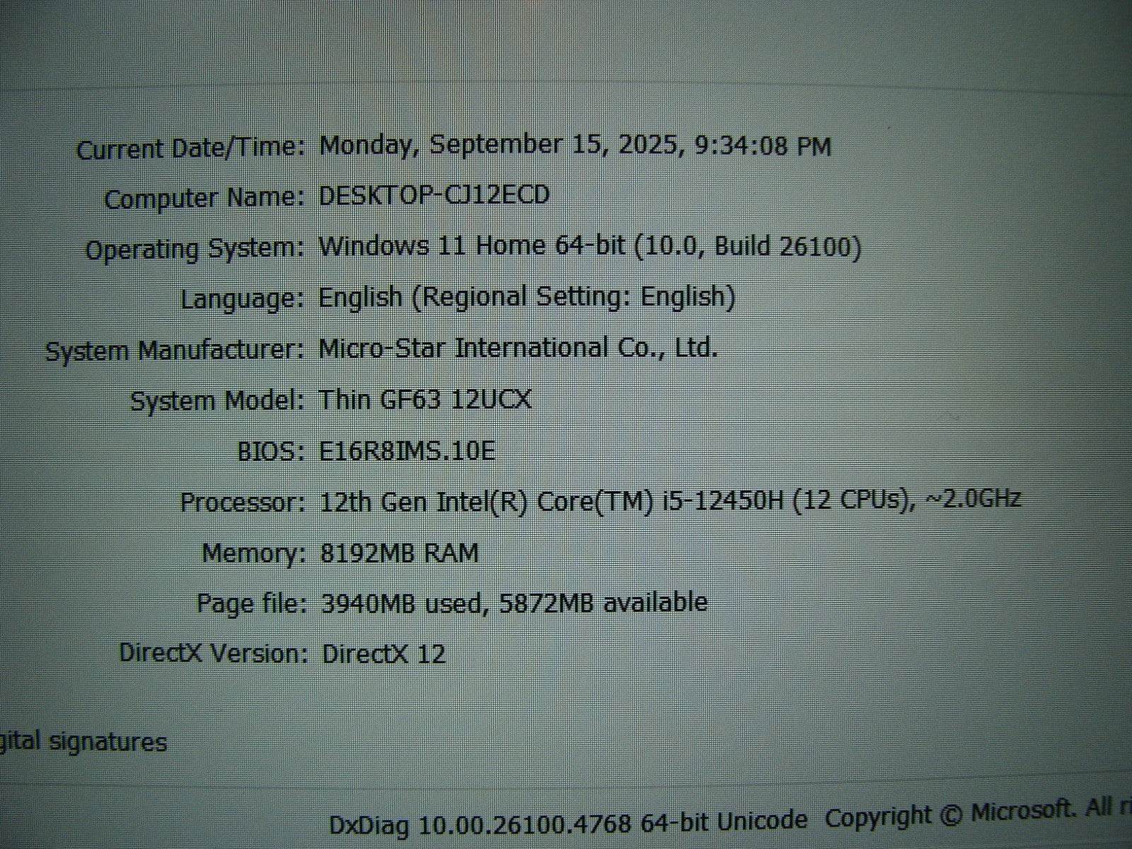 MSI Thin GF63 15.6'' FHD 144hz i5-12450H 2.0GHz 8GB 1TB SSD RTX 2050 Battery 99% - Tested Computer Laptop Parts