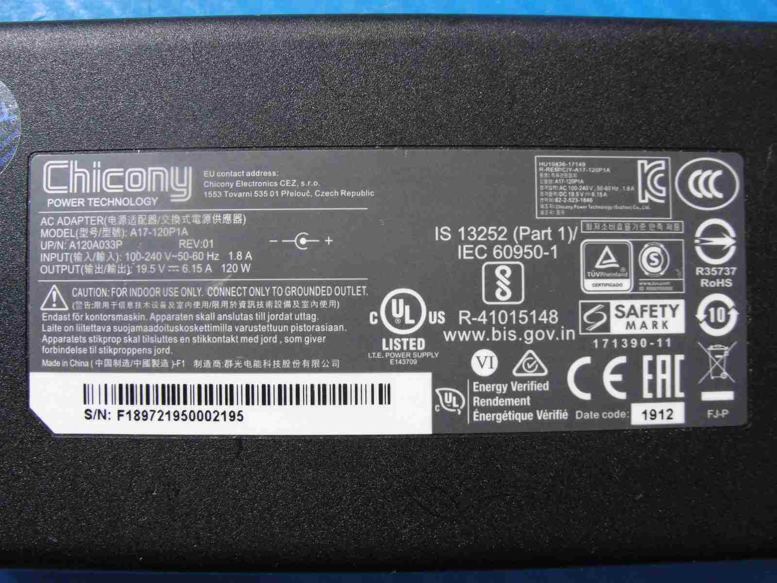 CHICONY power adapter Model: A17-120P1A P/N: A120A033P -120W - Tested Computer Laptop Parts