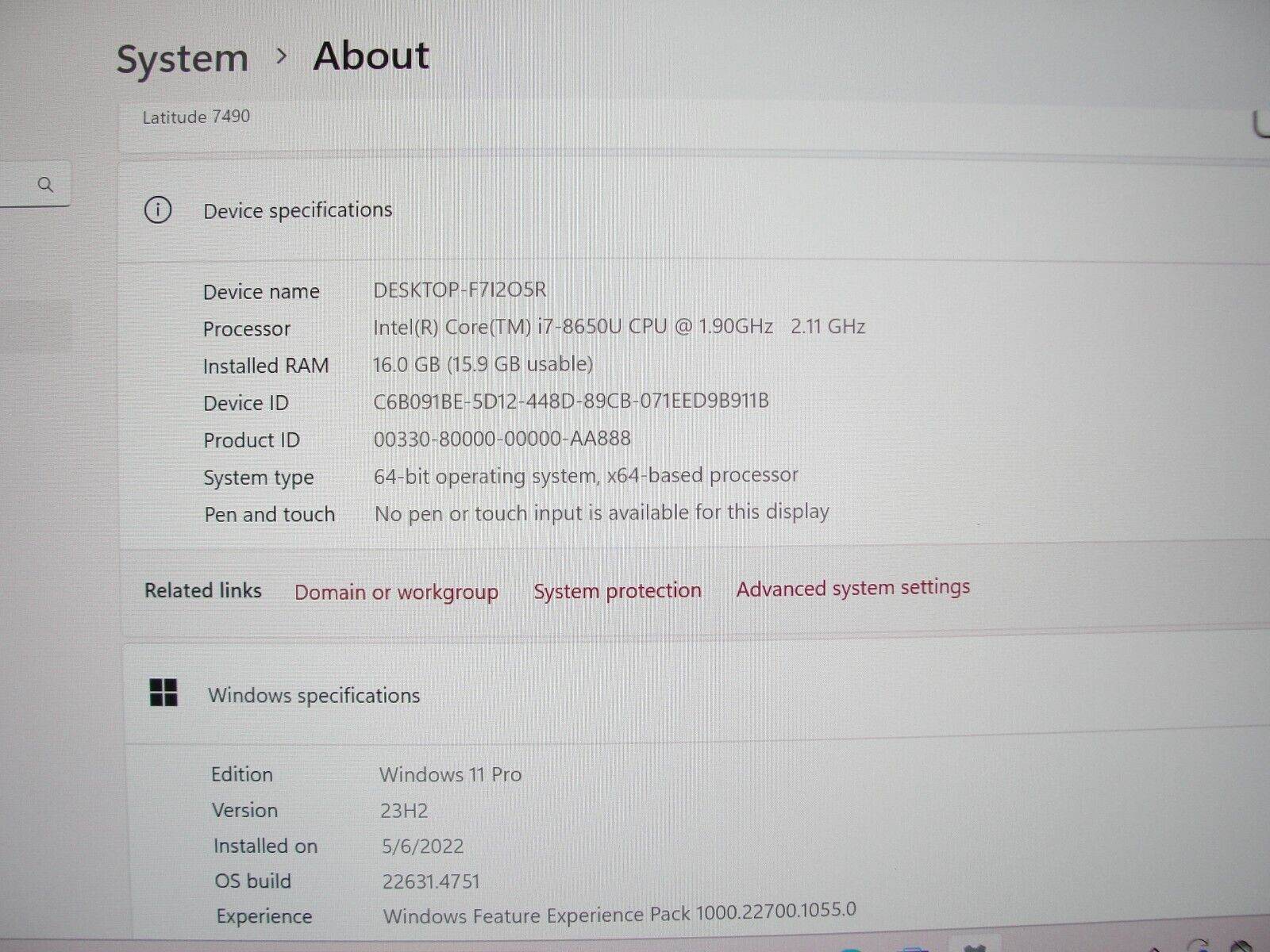 Dell Latitude 7480 14”Intel Core i7-8650U 1.9GHz 16GB SSD Reset 512GB- Charger - Tested Computer Laptop Parts