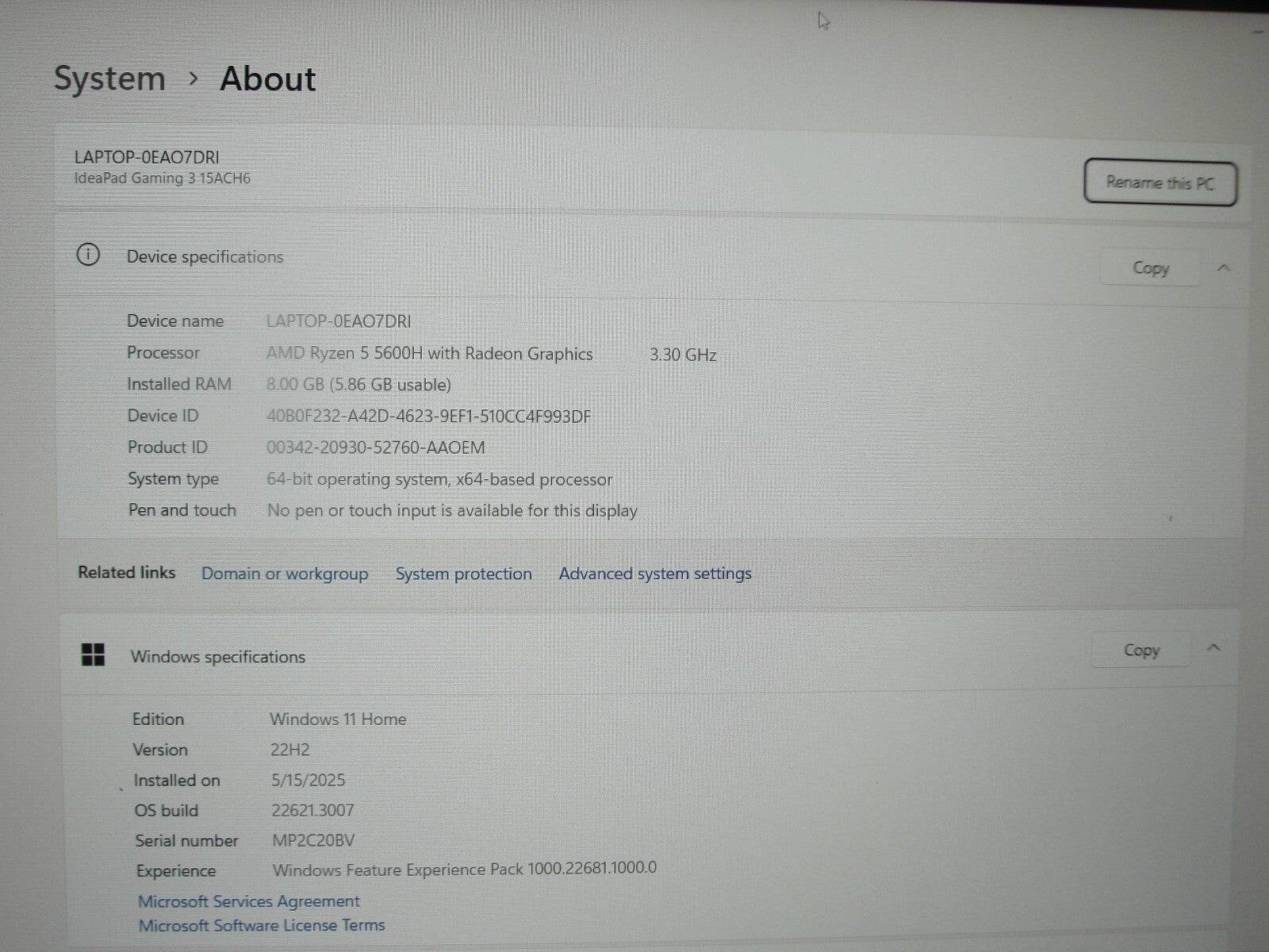 Lenovo IdeaPad Gaming 3 15ACH6 15.6”FHD AMD 5 5600H 8GB 256GB SSD NVIDIA RTX3050 - Tested Computer Laptop Parts