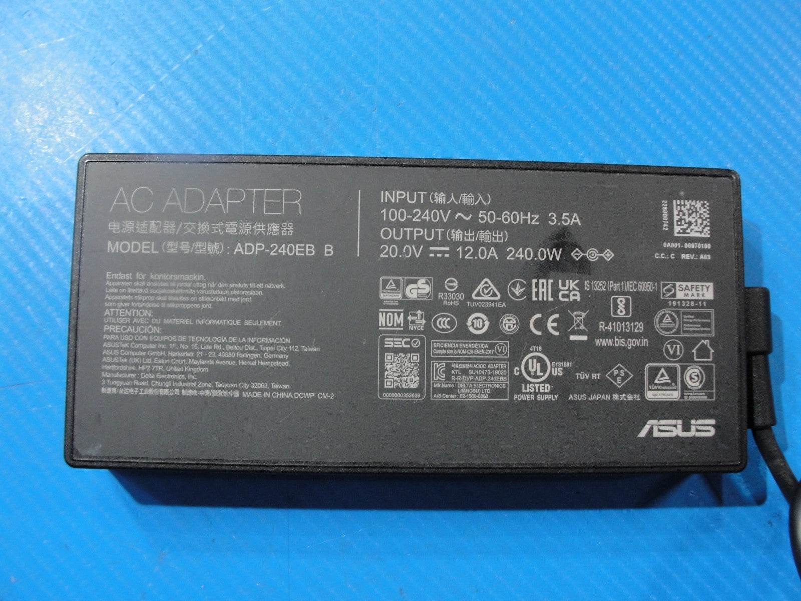 Genuine ASUS 240W AC Adapter – 20.0V 12.0A – 6.0×3.7mm Black Tip (Center Pin) - Tested Computer Laptop Parts