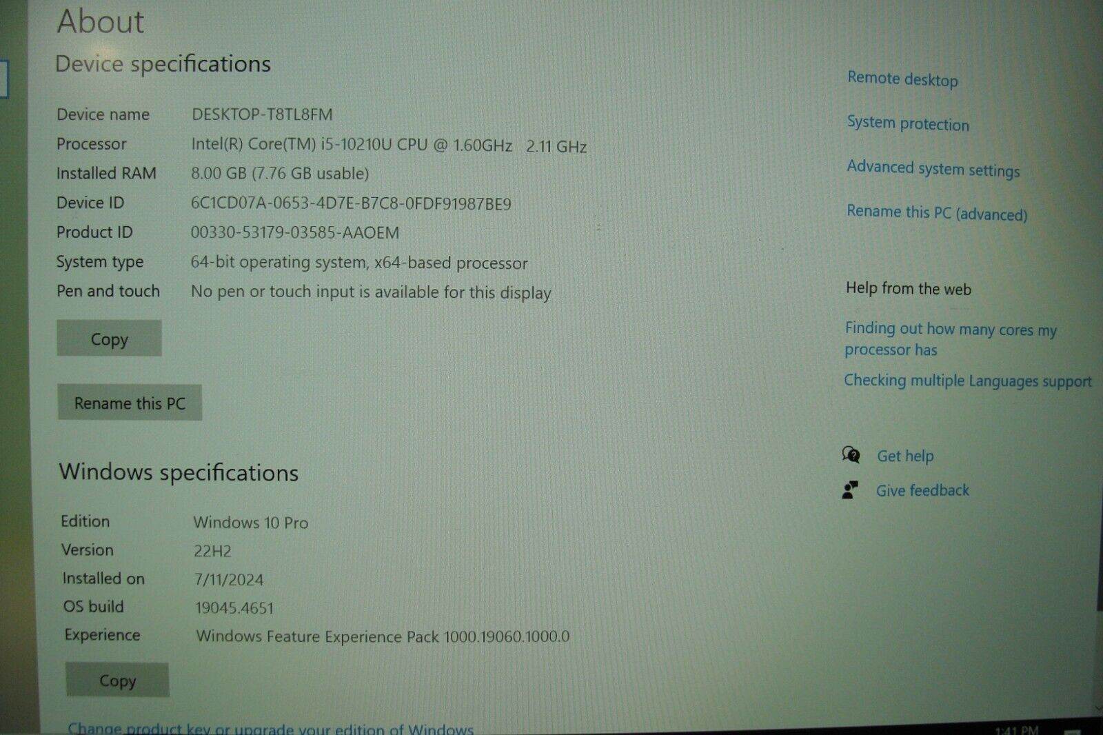 Lenovo ThinkPad T14s Gen1 Core i5-10210U 1.6GHz 8GB SSD 512GB+Original Charger - Tested Computer Laptop Parts