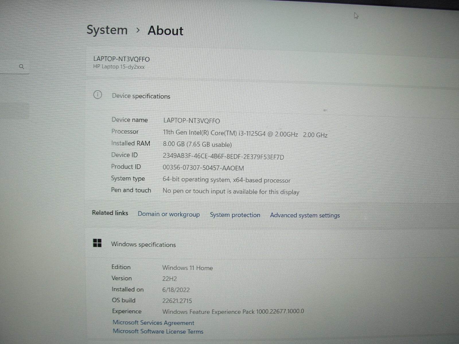 HP 15-DY2035TG 15.6”FHD Intel Core i3-1125G4 2GHz 8GB 256GB SSD + Charger - Tested Computer Laptop Parts