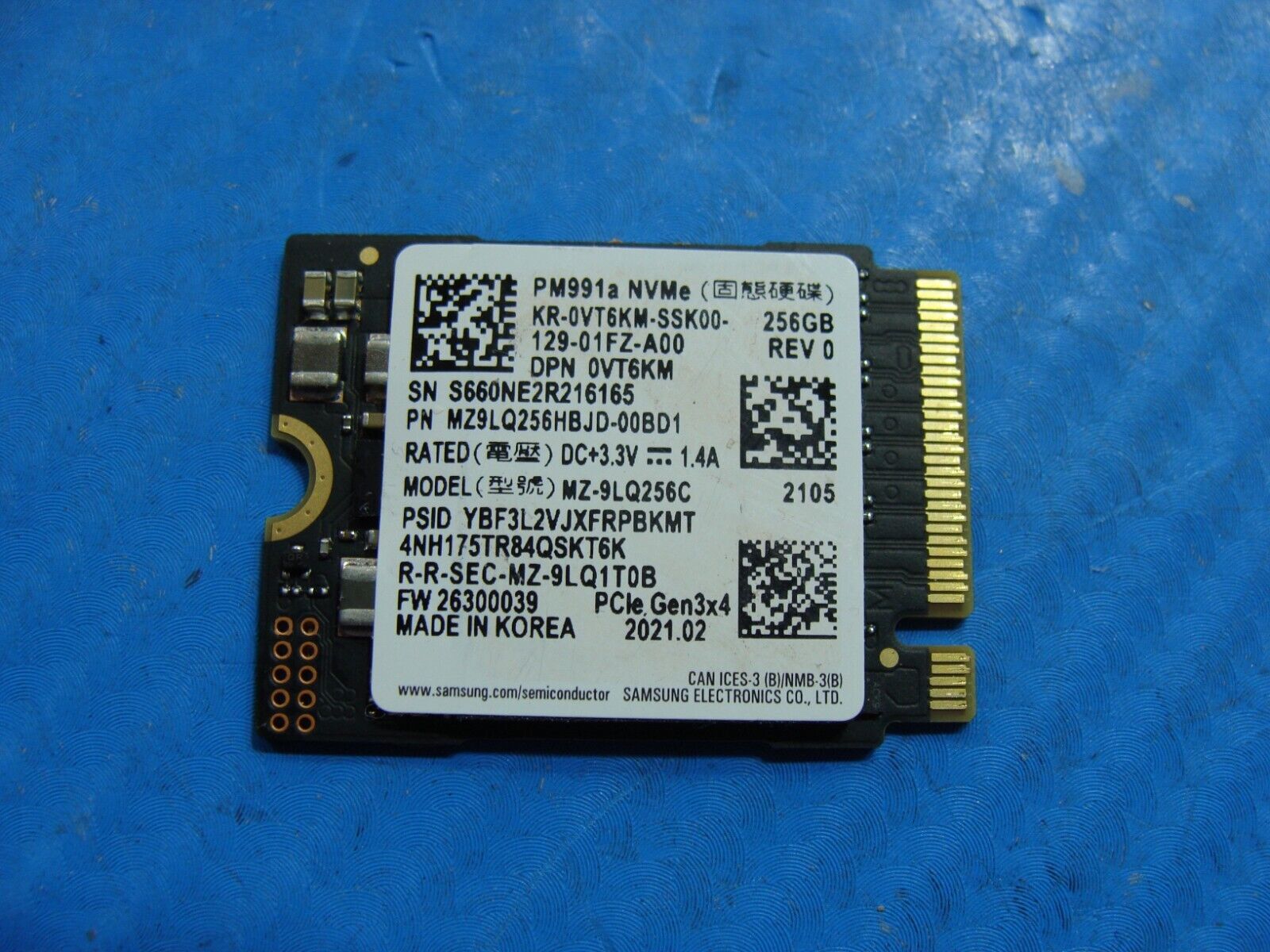 Dell 5420 Samsung 256GB M.2 NVMe SSD Solid State Drive VT6KM MZ9LQ256HBJD-00BD1