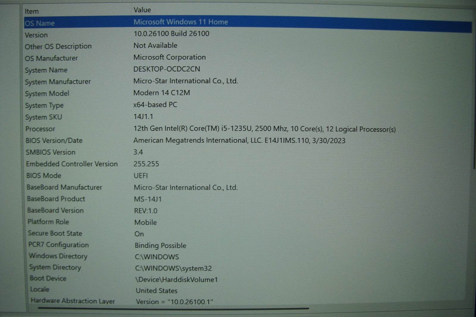 MSI Modern 14 C12M 14''FHD core i5-1235U 2.5GHz 8GB 512GB 95% Battery +Charger - Tested Computer Laptop Parts