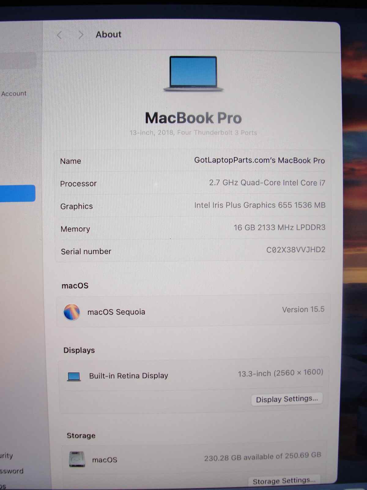 Apple Macbook Pro A1989(2018)/MR9Q2LL/A 13”Retina i7-8559U 2.7GHz 16GB 256GB SSD - Tested Computer Laptop Parts