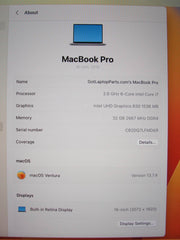Apple Macbook Pro A 2141 MVVL2LL/A (2019)16”Retina i7-9750H 2.6GHz 32GB SSD 1TB - Tested Computer Laptop Parts
