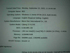 MSI Cyborg 15 A13 15.6'' FHD 144hz i7-13620H 2.4GHz 16GB 512GB RTX4050 Batt 81% - Tested Computer Laptop Parts