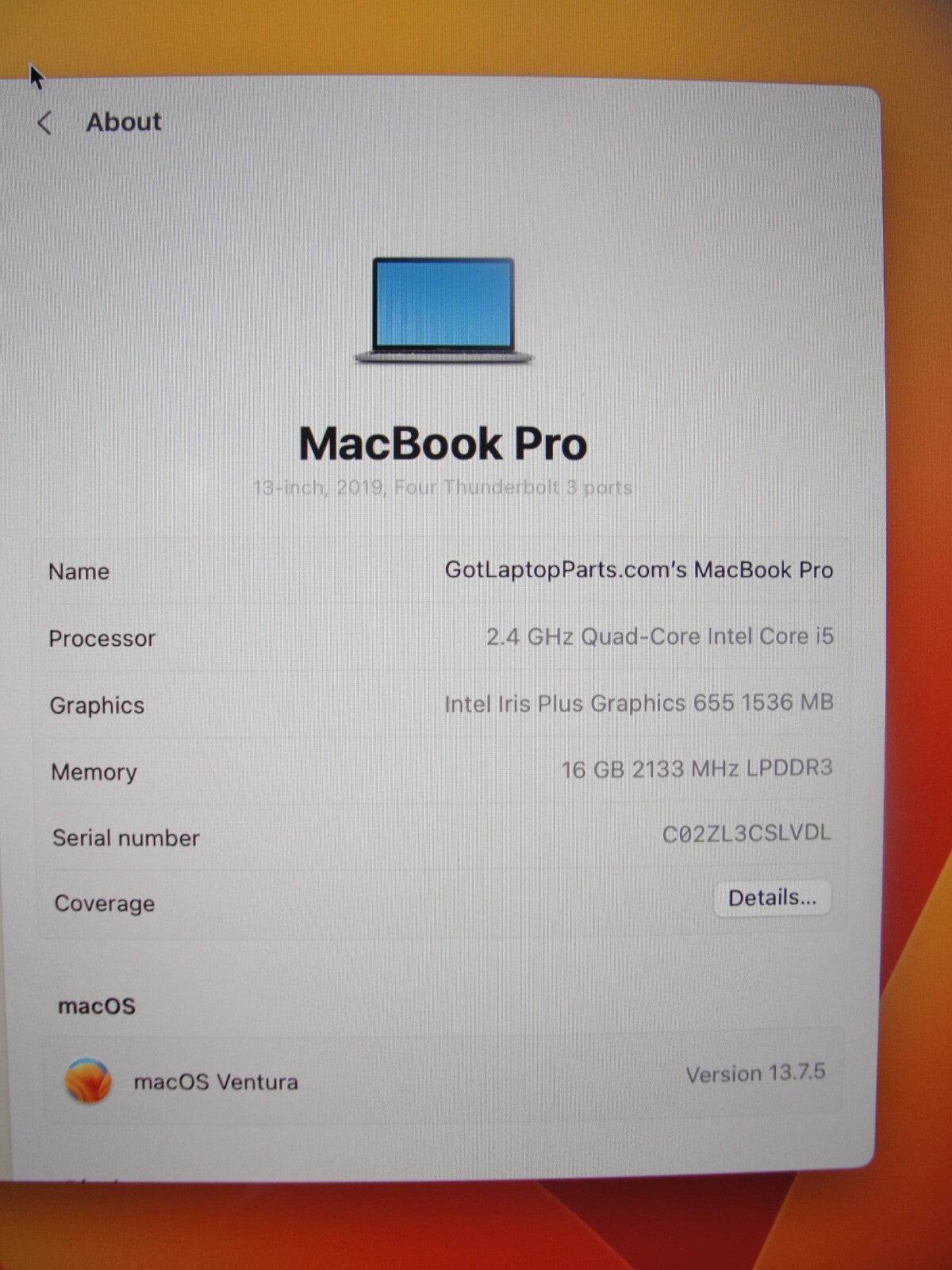 Apple Macbook Pro A1989(2019) 13”Retina i5-8279U 1.6GHz 16GB 256GB SSD / VENTURA - Tested Computer Laptop Parts