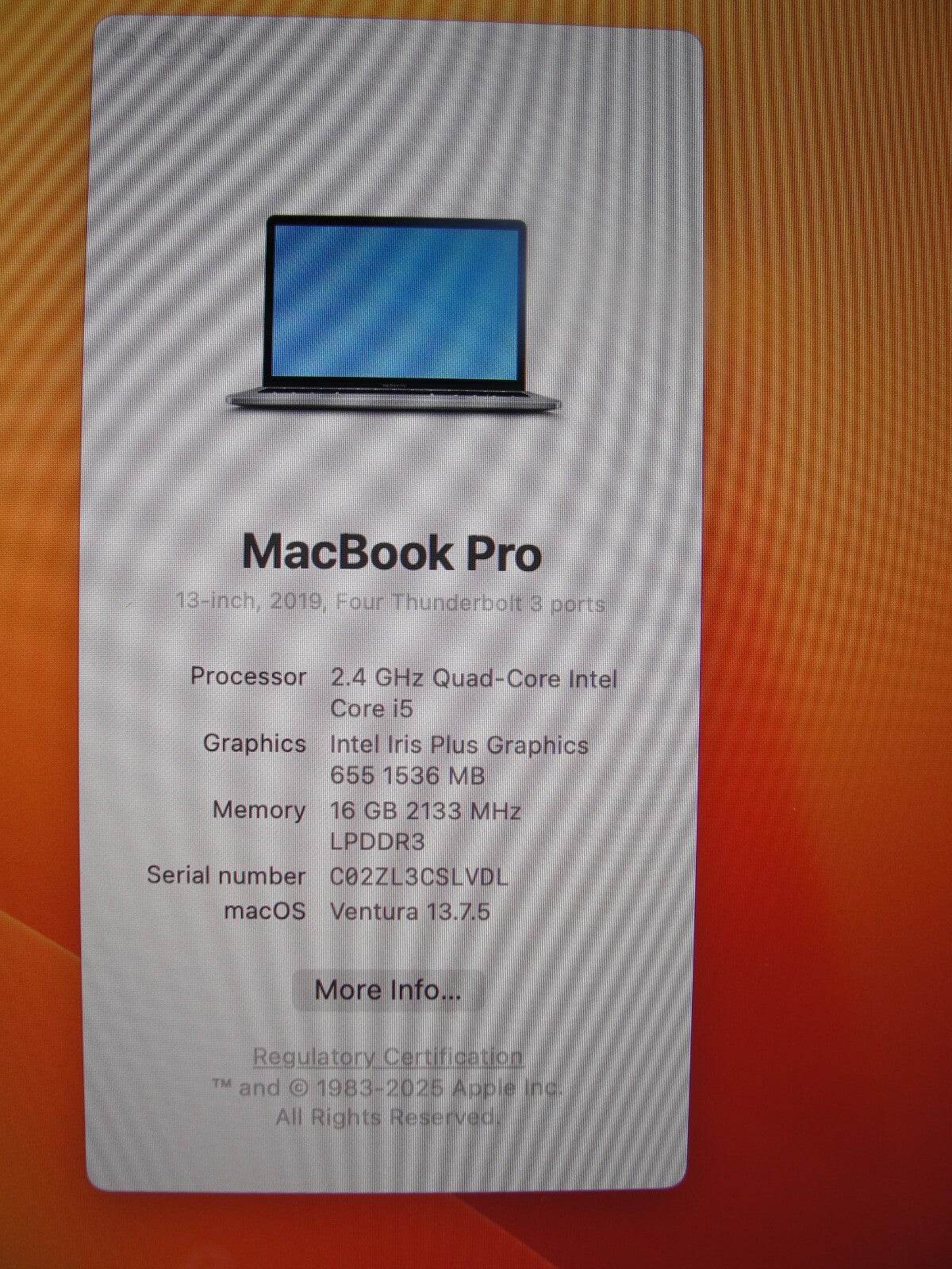 Apple Macbook Pro A1989(2019) 13”Retina i5-8279U 1.6GHz 16GB 256GB SSD / VENTURA - Tested Computer Laptop Parts