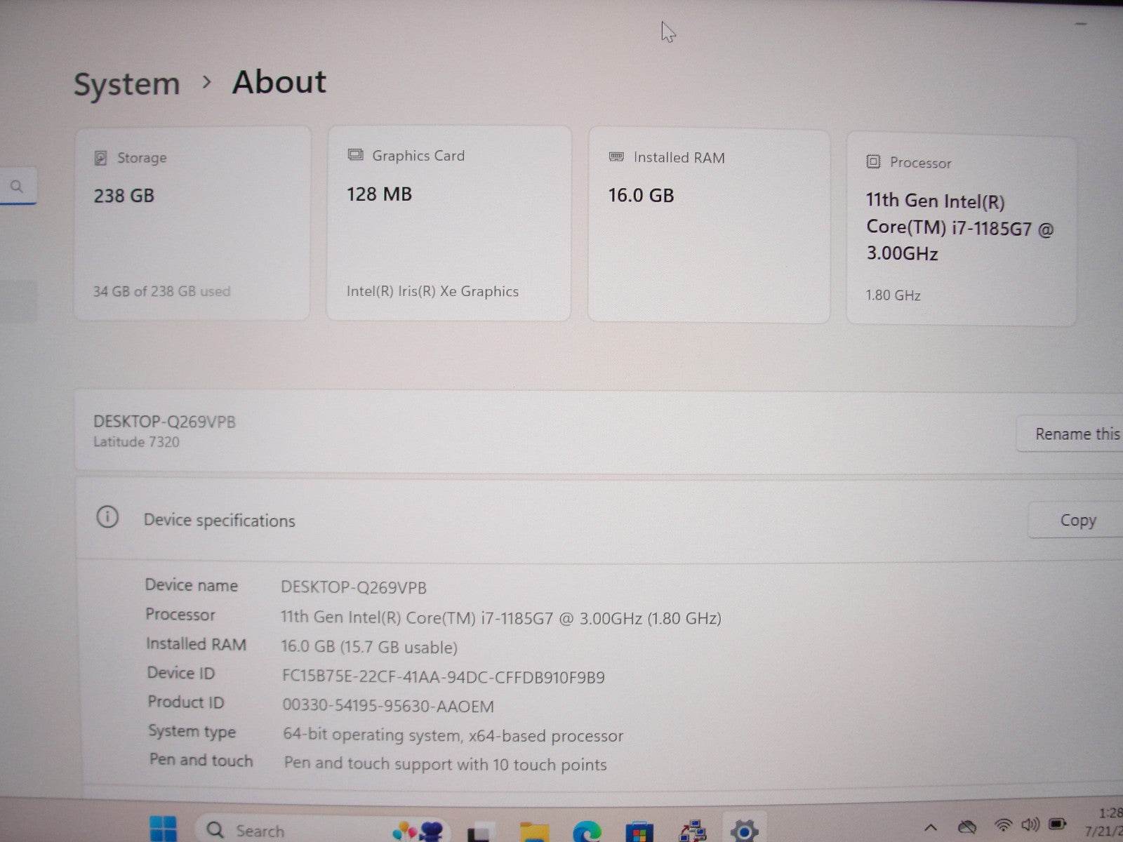 Dell Latitude 7320 13.3”FHD TOUCH Intel Core i7-1185G7 3GHz 16GB 256GB +Charger - Tested Computer Laptop Parts