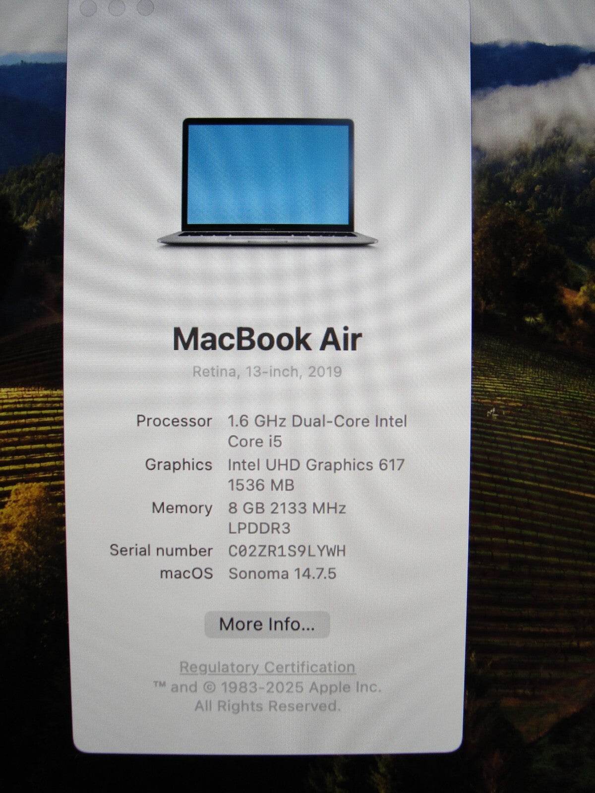 Apple MacBook Air A1932 (2019) 13.3” i5-8210Y 1.6GHz 8GB 256GB SSD / Sonoma/ - Tested Computer Laptop Parts