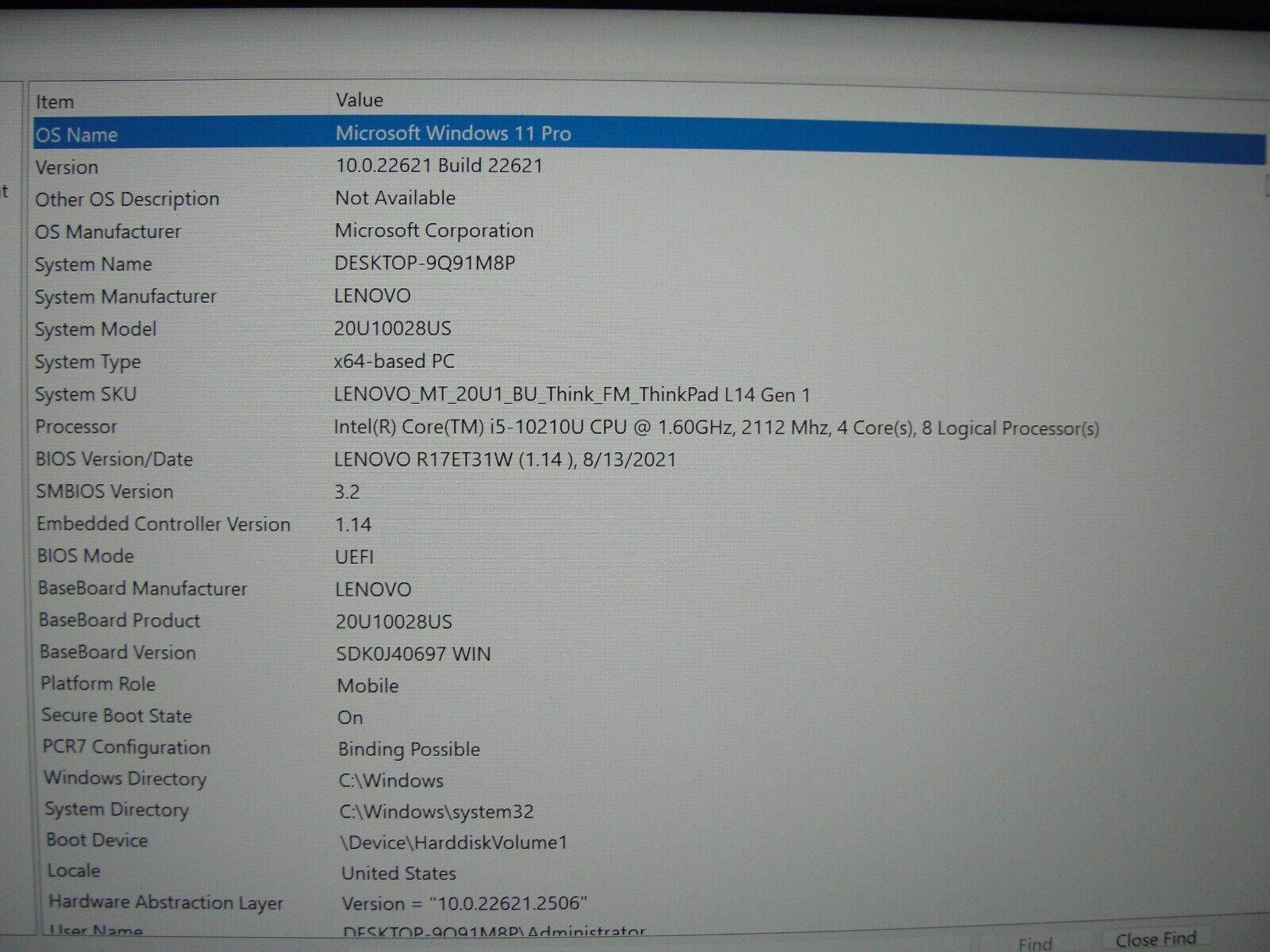 Lenovo ThinkPad L14 Gen 1 14” FHD Intel Core i5-10210U 1.6GHz 8GB 256GB SSD - Tested Computer Laptop Parts