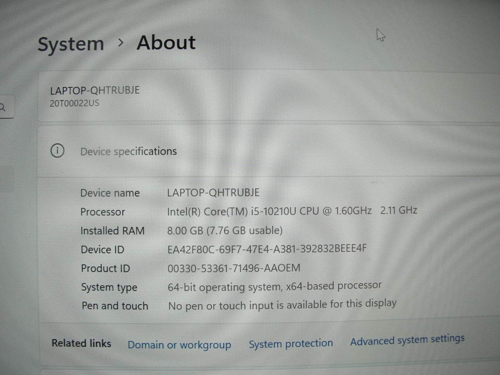 Lenovo ThinkPad T14s Gen1 14”FHD Intel Core i5-10210U 1.6GHz 8GB SSD Reset 512Gb - Tested Computer Laptop Parts