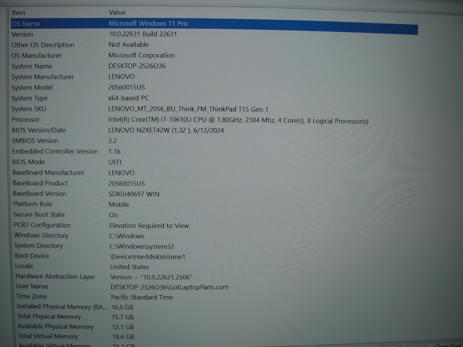 Lenovo ThinkPad T15 Gen1 15.6” FHD Intel Core i5-10210U 1.6GHz 16GB 256GB SSD