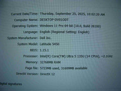 Dell Latitude 5450 14”FHD Ultra 5 135U 2.1GHz 32GB 256GB Win11 PRO Warranty 2028 - Tested Computer Laptop Parts