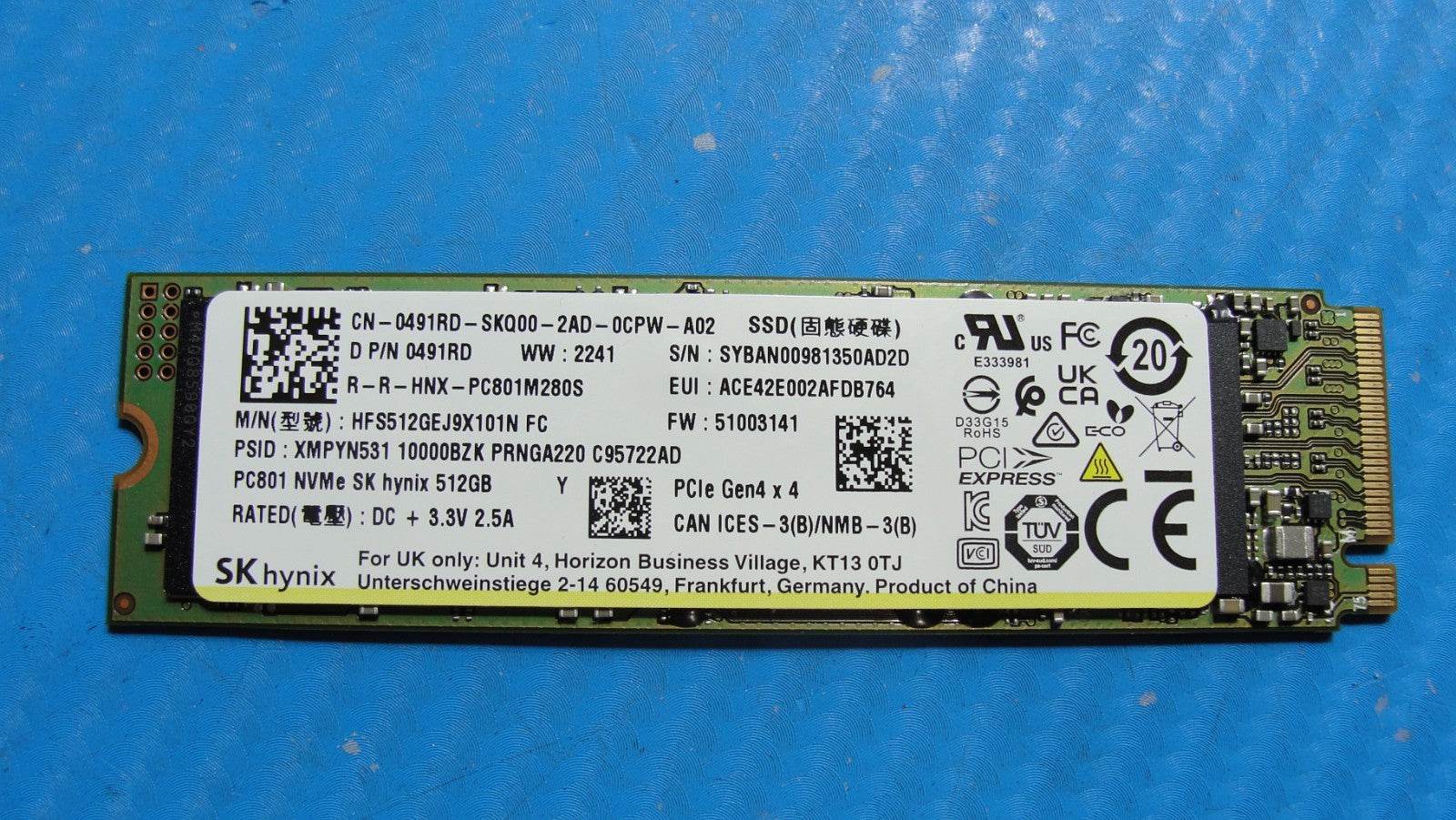 Dell 5570 SK Hynix 512GB M.2 NVMe SSD Solid State Drive HFS512GEJ9X101N 491RD - Tested Computer Laptop Parts