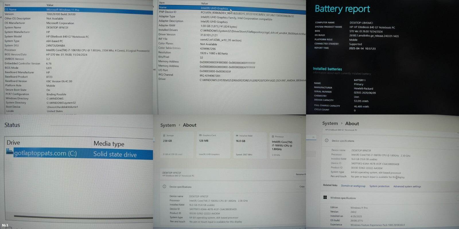 HP EliteBook 840 G7 14”FHD Intel Core i7-10610U 1.8GHz 16GB 256GB SSD+ Charger - Tested Computer Laptop Parts