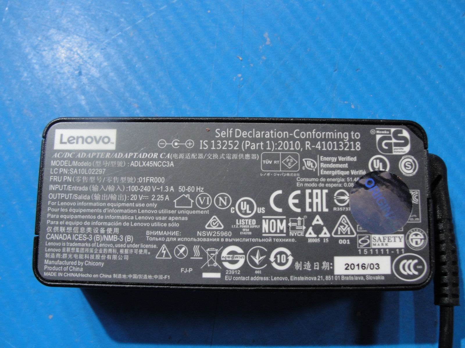 Original Lenovo 45W AC Adapter 20V 2.25A Round Barrel Tip 4.0mm × 1.7mm (No Pin) - Tested Computer Laptop Parts