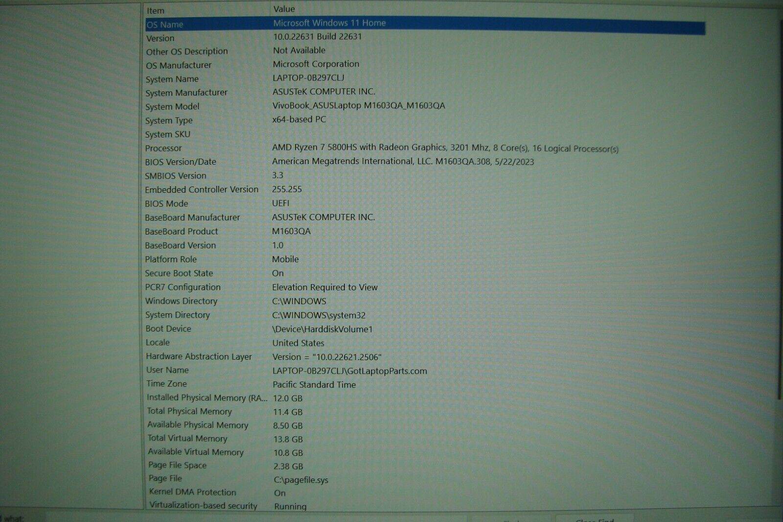 ASUS VivoBook M1603QA 16”FHD+ AMD Ryzen 7 5800HS 3.2GHz 12GB 512GB Win 11 Home - Tested Computer Laptop Parts