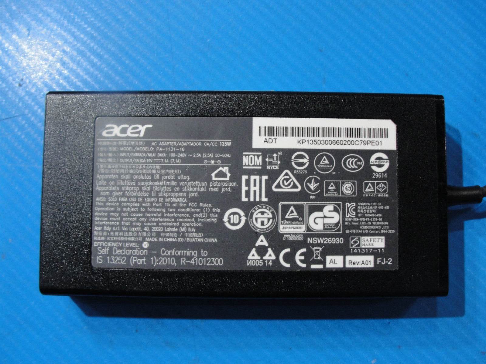Genuine Acer 135W AC Adapter Charger – 19V 7.1A – 5.5mm × 1.7mm Purple Tip - Tested Computer Laptop Parts
