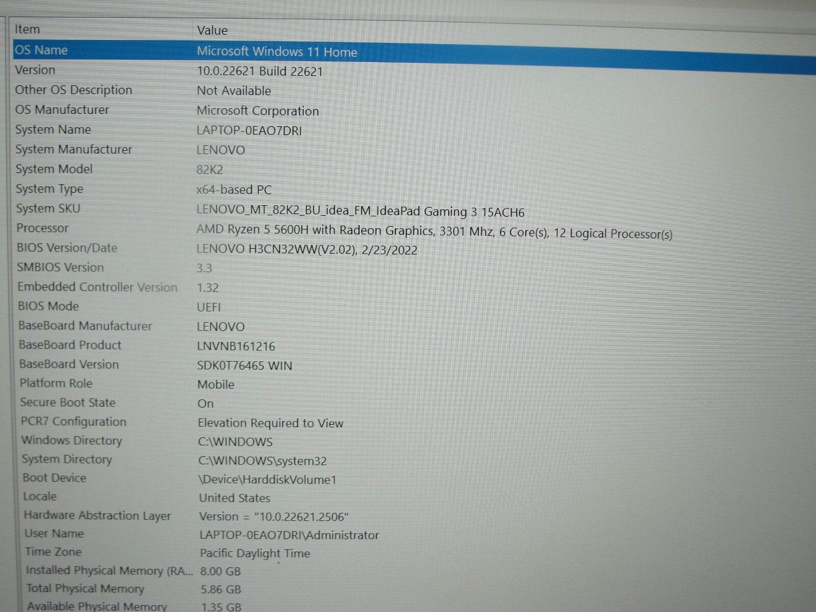 Lenovo IdeaPad Gaming 3 15ACH6 15.6”FHD AMD 5 5600H 8GB 256GB SSD NVIDIA RTX3050 - Tested Computer Laptop Parts