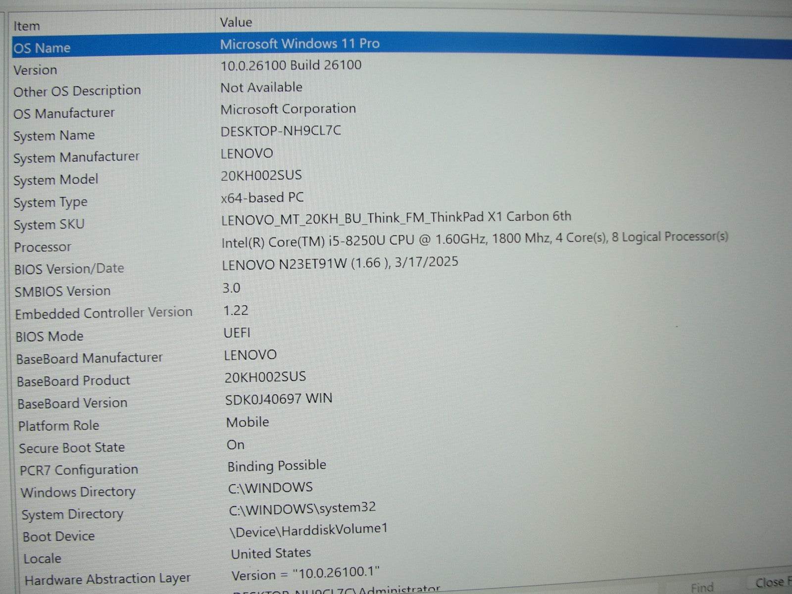 Lenovo ThinkPad X1 Carbon Gen 6 14”FHD Core i5-8250U 1.6GHz 8GB SSD Reset 256GB - Tested Computer Laptop Parts