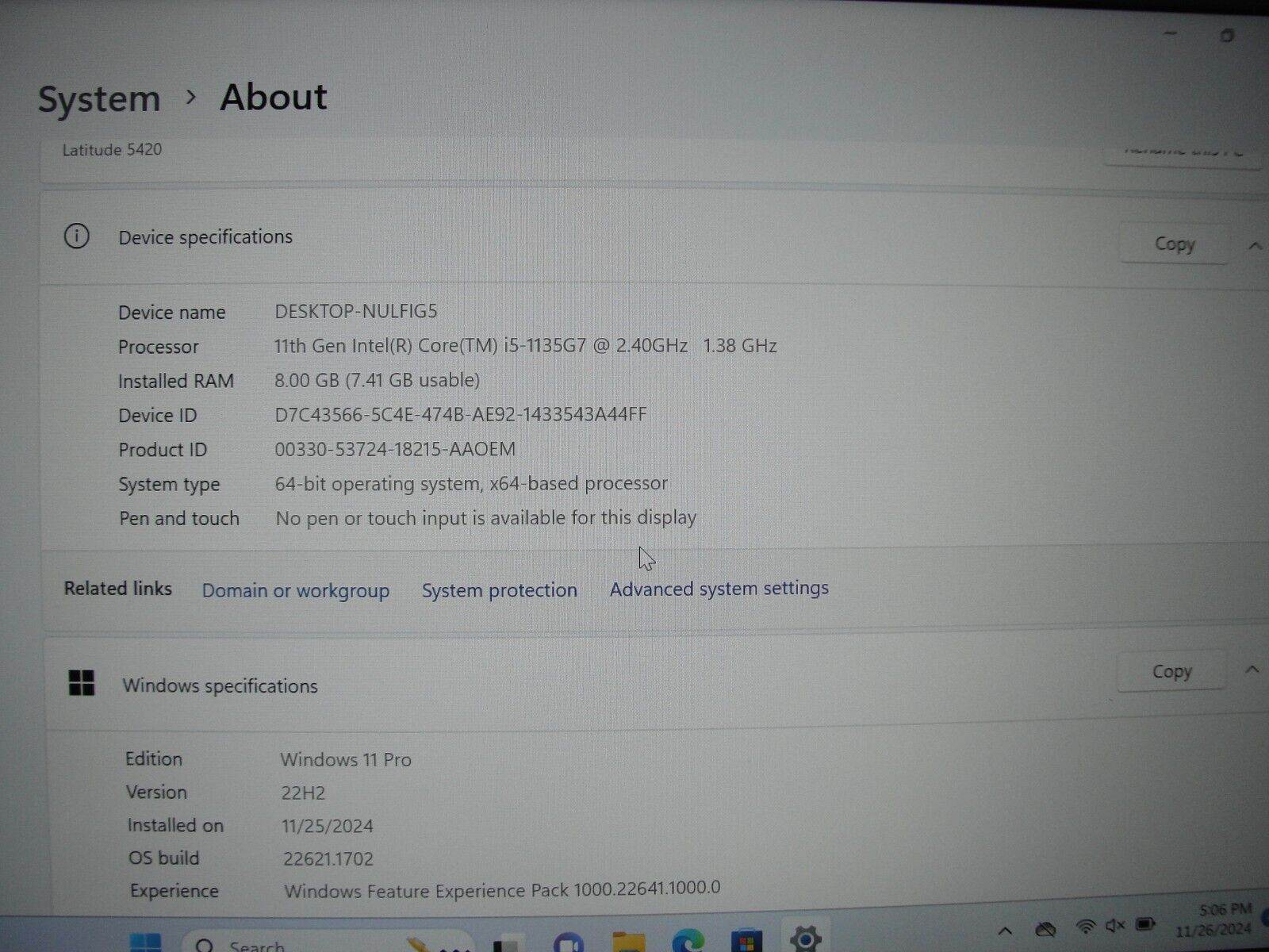 Dell Latitude 5420 14” HD Core i5-1135G7U 3.86GHz 8GB 256GB SSD+Charger Original - Tested Computer Laptop Parts