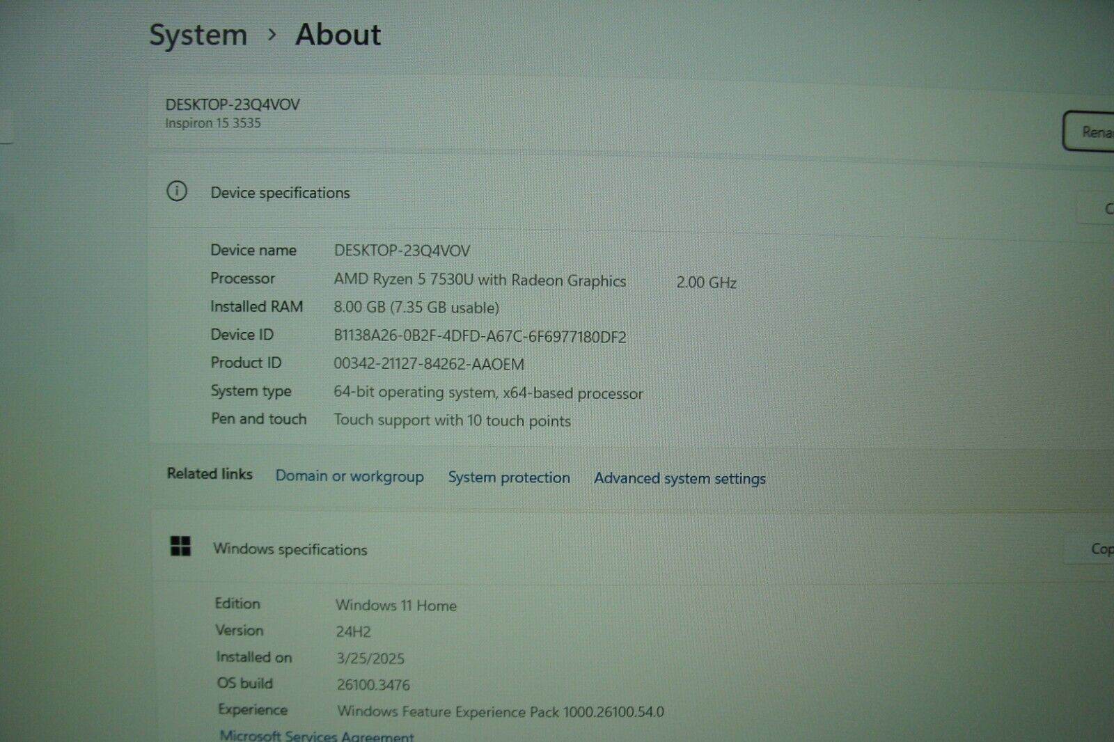 Dell Inspiron 15 3535 15.6” FHD TOUCH AMD Ryzen 5 7530U 2GHz 8GB 512GB Win11Home - Tested Computer Laptop Parts